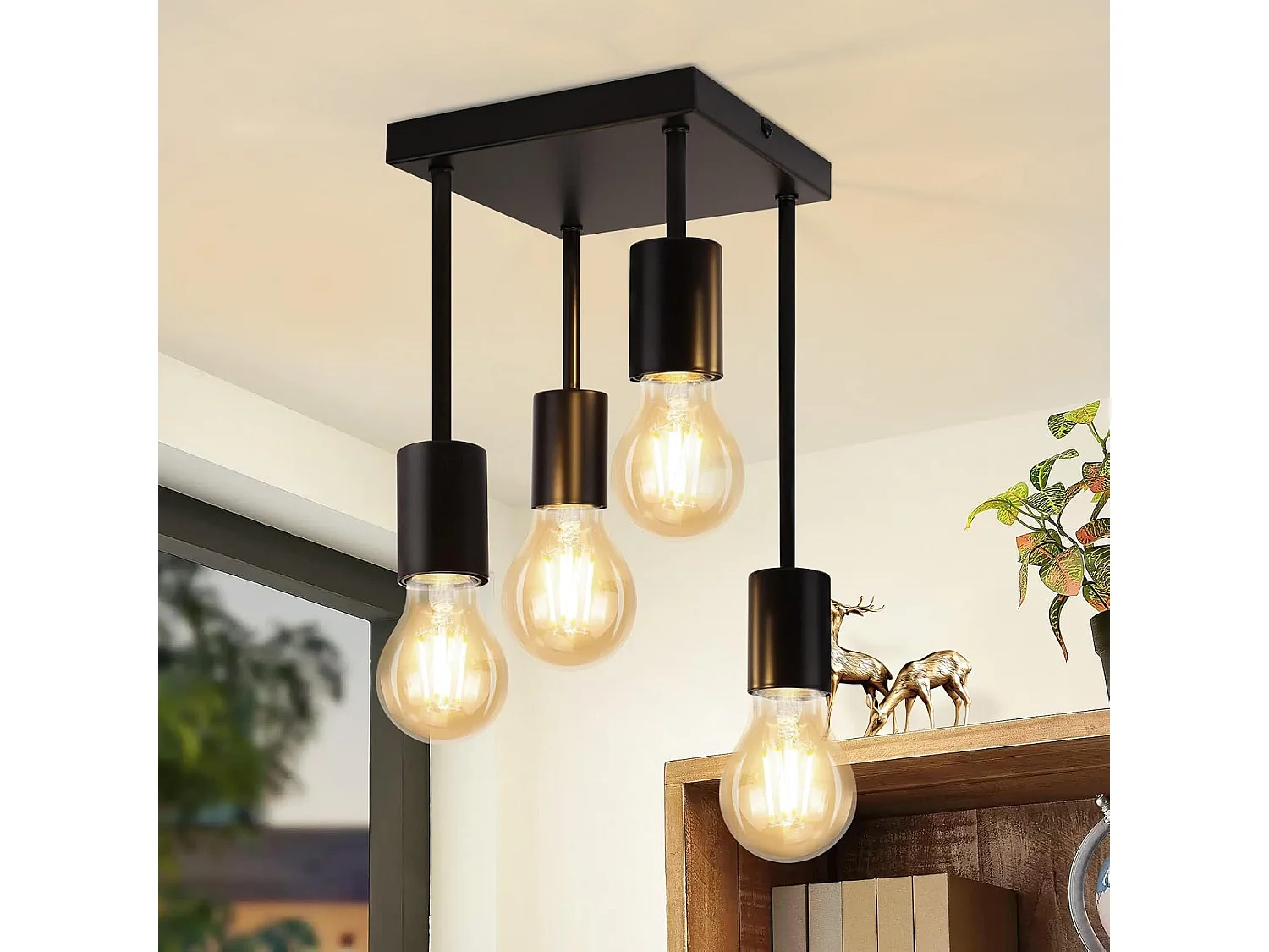 NETTLIFE Vintage czarna lampa sufitowa E27 4 metalowe żarówki w stylu retro Bez żarówek