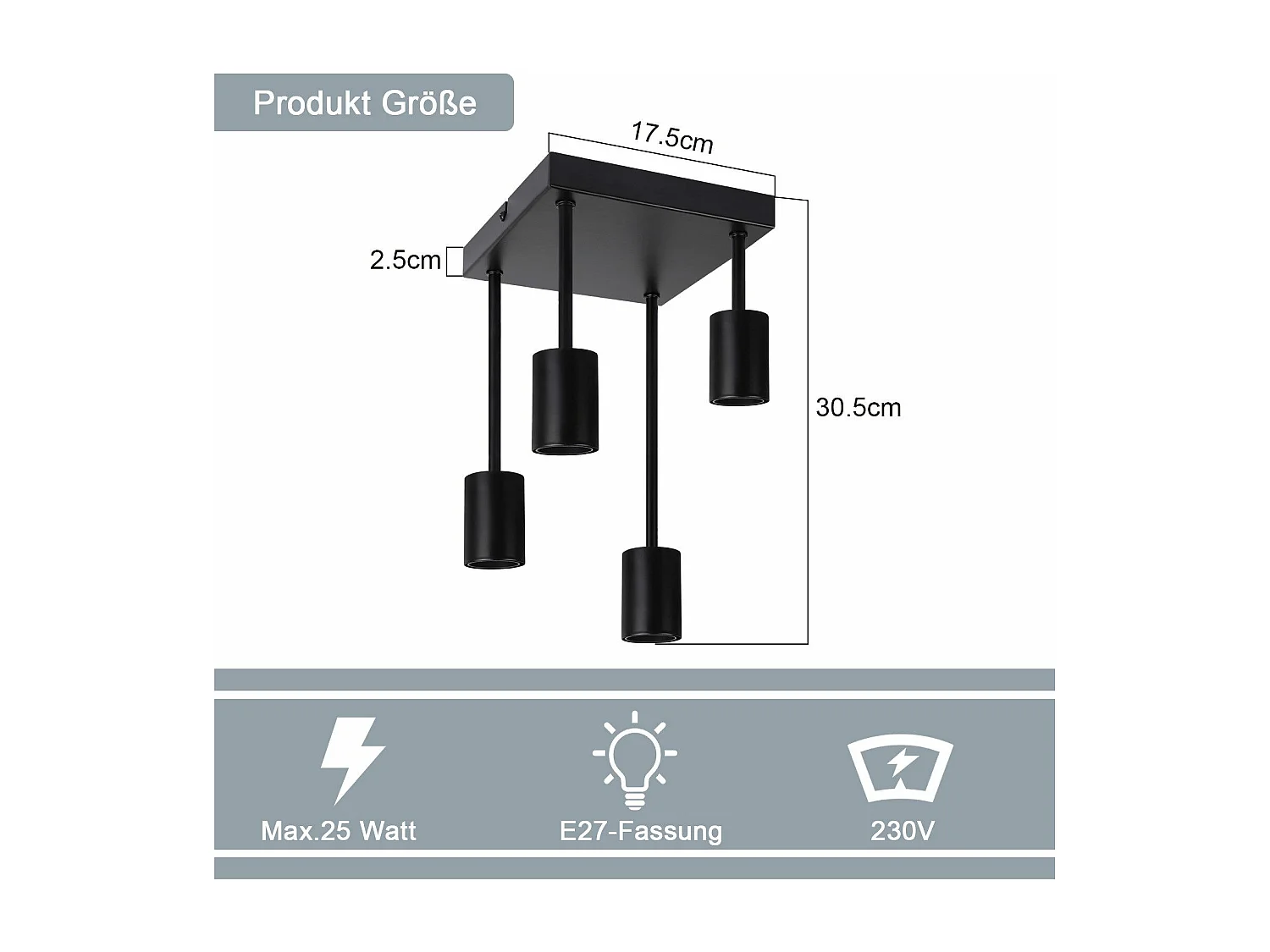 NETTLIFE Vintage czarna lampa sufitowa E27 4 metalowe żarówki w stylu retro Bez żarówek