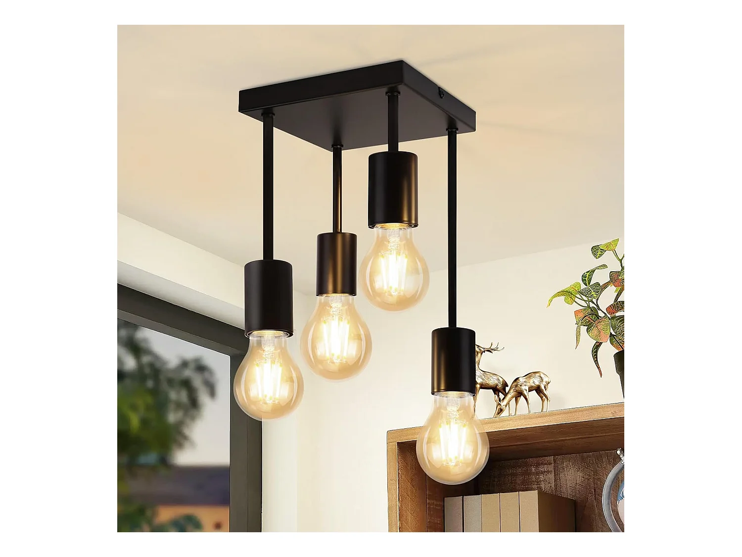 NETTLIFE Plafonnier plafonnier noir vintage E27 4 ampoules rétro métal Sans ampoules