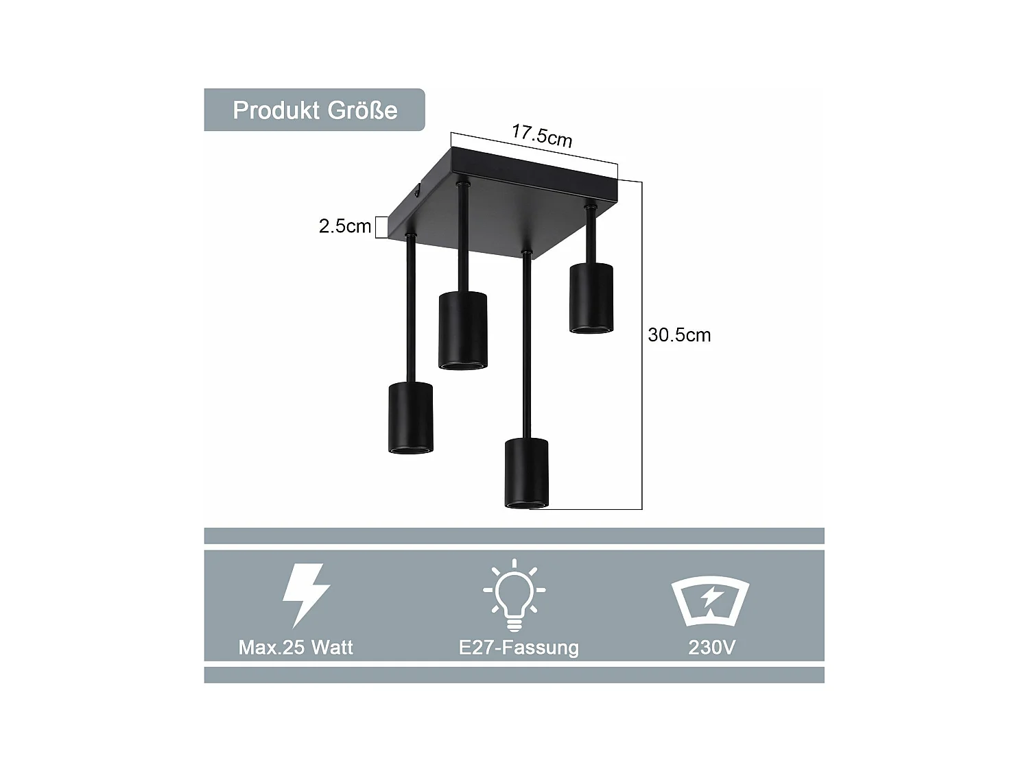 NETTLIFE Plafondlamp 4xE27 - zwart - vintage - metaal - vierkant - industriële keukenlamp - 17.5cm - voor keuken hal slaapkamer woonkamer bar - zonder lampen