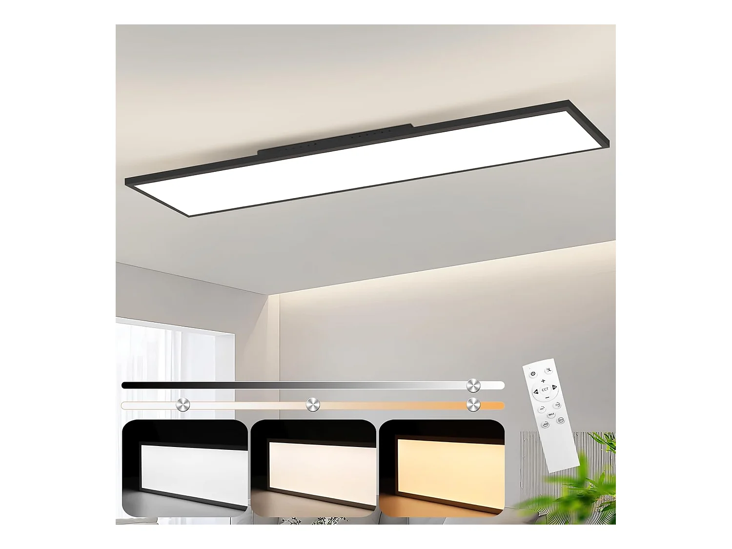NETTLIFE Plafonnier LED 120 x 30 – Panneau de plafond à intensité variable, lampe longue lumière du jour, bureau plat avec télécommande, 40 W