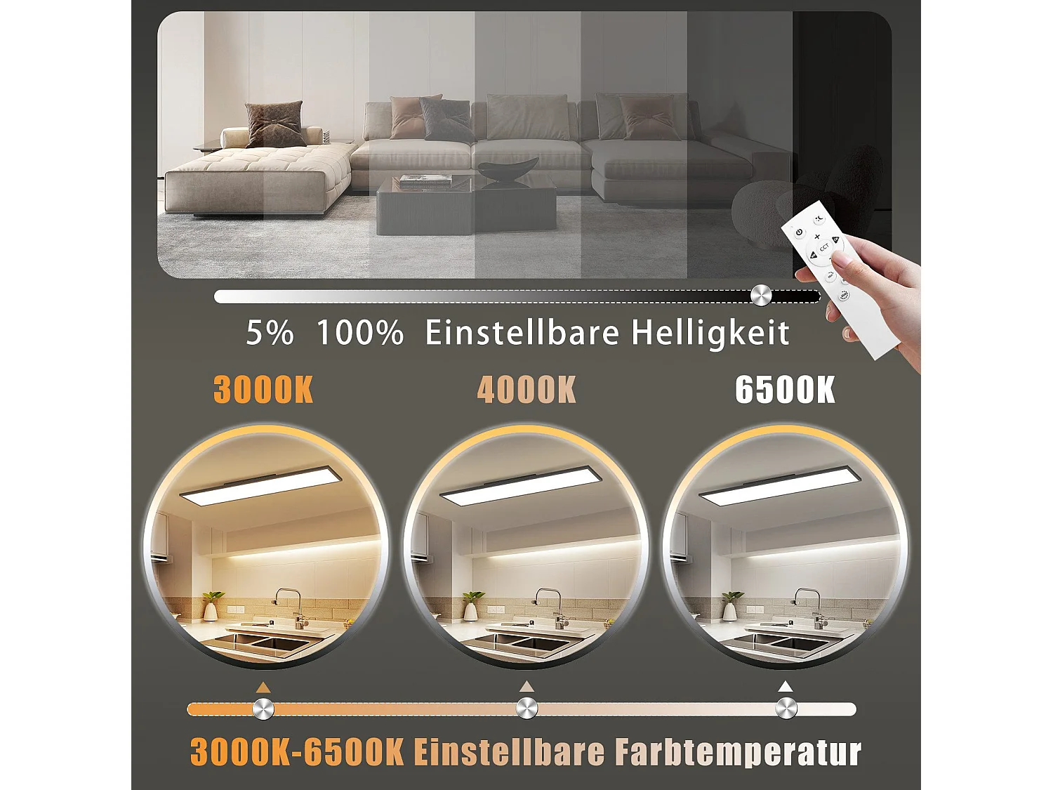 NETTLIFE Plafonnier LED 120 x 30 – Panneau de plafond à intensité variable, lampe longue lumière du jour, bureau plat avec télécommande, 40 W