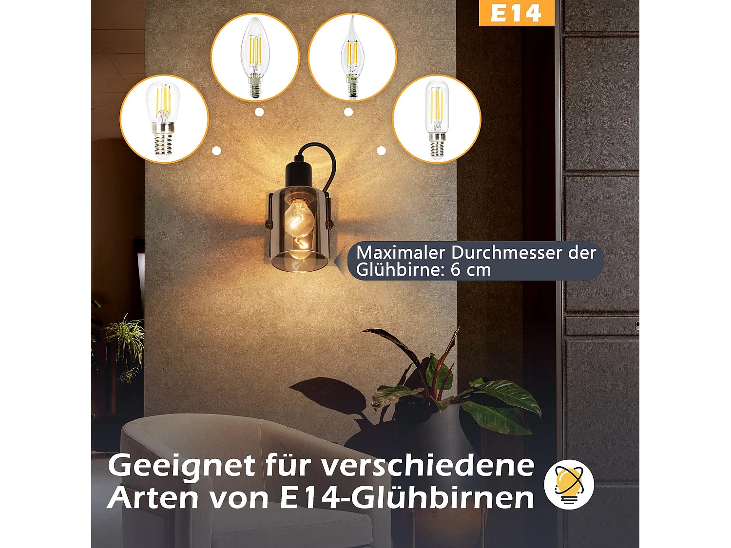 Deckenspot Vintage Schwarz Deckenleuchte Retro Rauchgrau Glas Deckenlampe 1-flammig E14