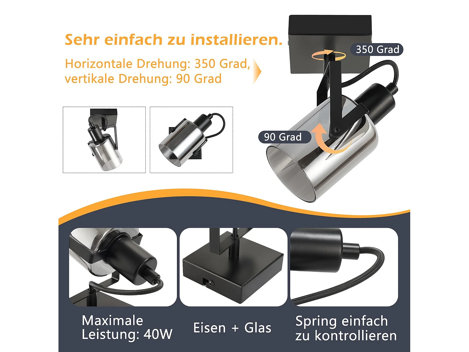 Deckenspot Vintage Schwarz Deckenleuchte Retro Rauchgrau Glas Deckenlampe 1-flammig E14