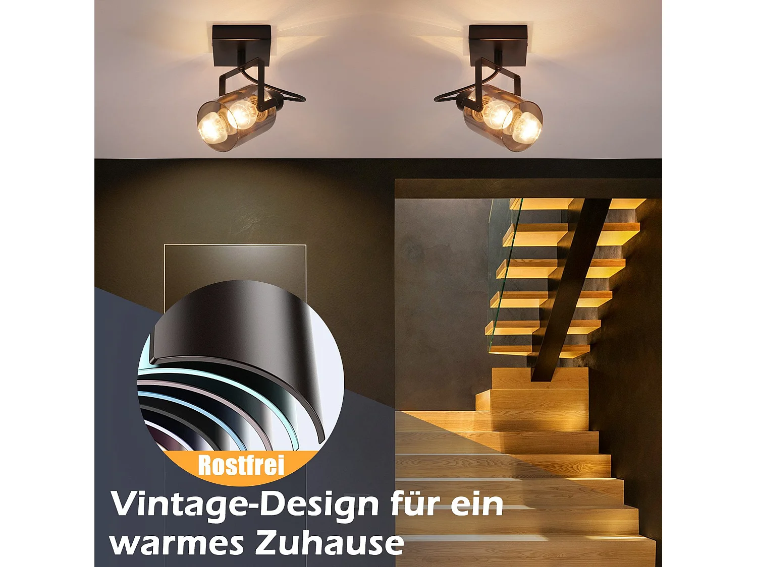 Deckenspot Vintage Schwarz Deckenleuchte Retro Rauchgrau Glas Deckenlampe 1-flammig E14