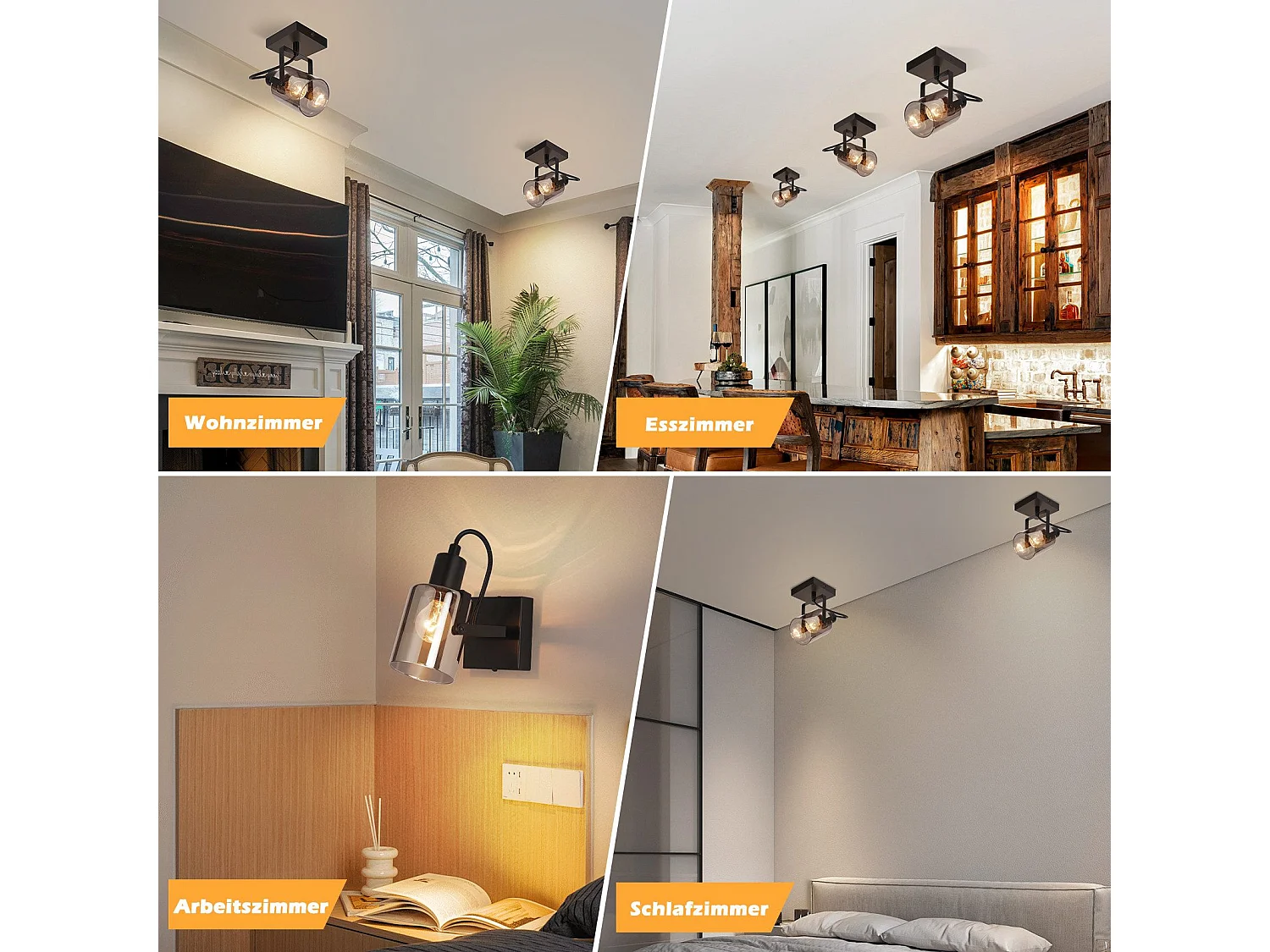 NETTLIFE Spot de plafond plafonnier vintage noir Plafonnier rétro en verre gris fumé 1 lampe E14