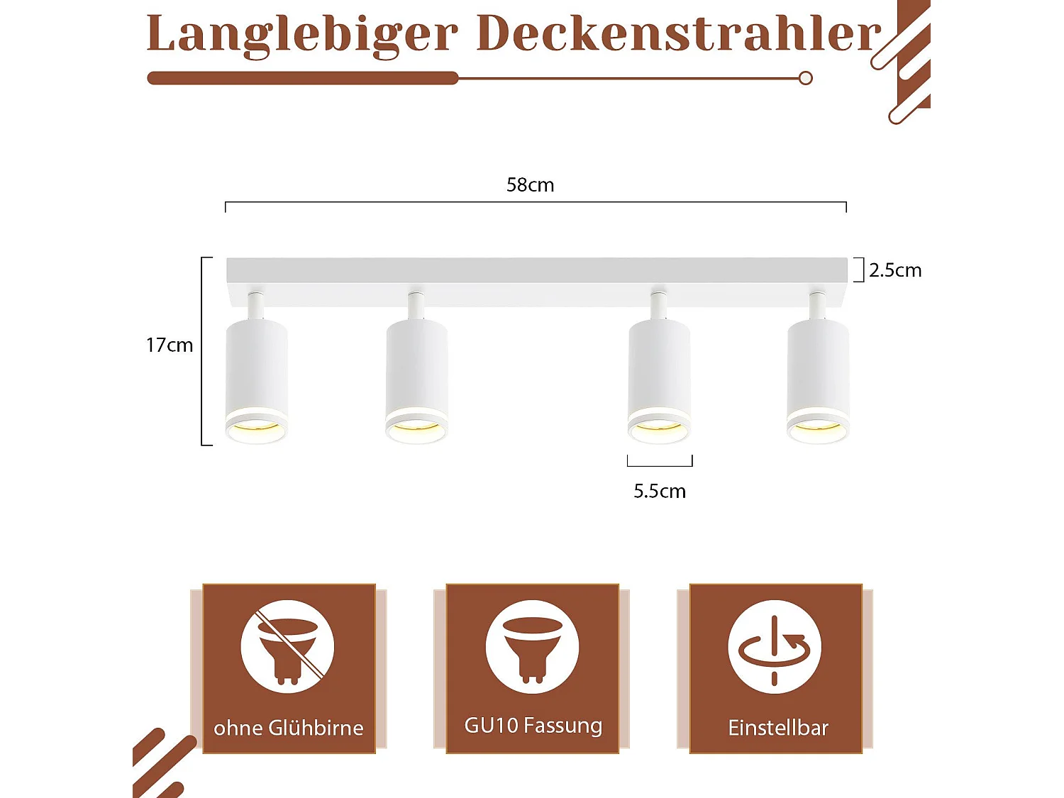 Weißer Deckenstrahler 4 Glühbirnen Moderner Spot Gu10 Verstellbarer Innenstrahler aus Metall