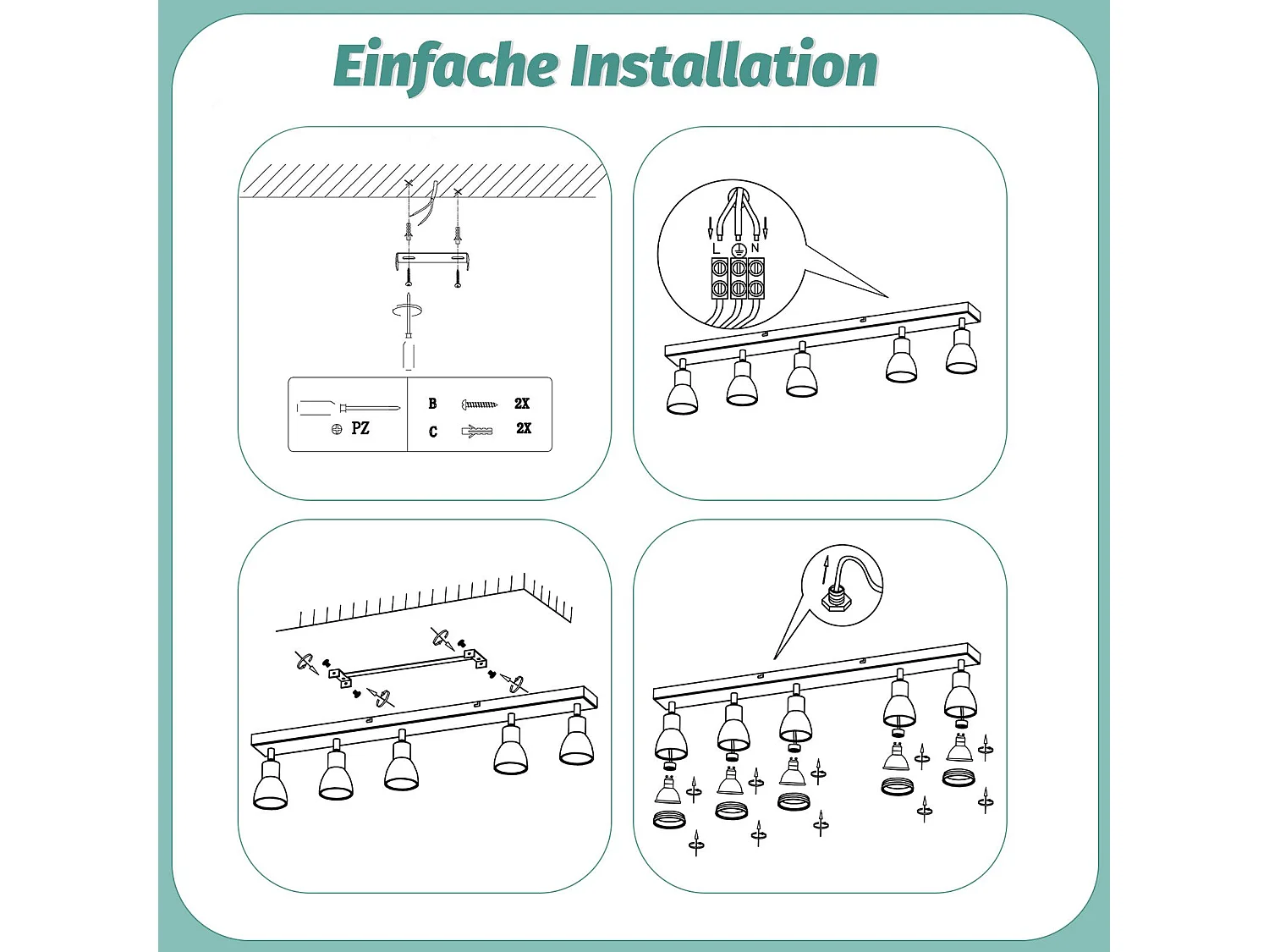 NETTLIFE Opbouwspot GU10 L 69cm zwart 5-Lichts rechthoekig  Plafondlamp 355° draaibaar Plafondspot creatief ontwerp Lampkap