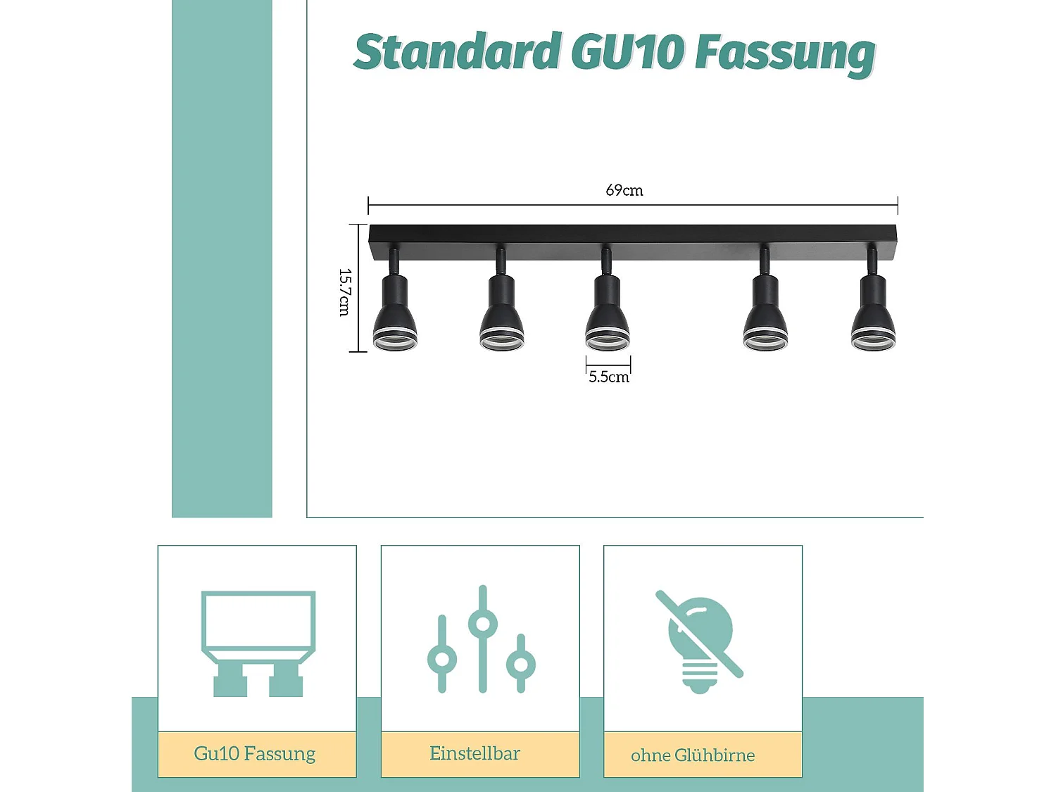 NETTLIFE Plafonnier 5 Spots Noir : Plafonnier  Métal GU10 Spots Pivotant Intérieur pour cuisine bureau salon chambre à coucher, Sans ampoules