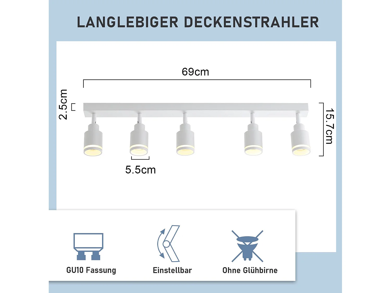 NETTLIFE Plafonnier Blanc moderne : 5 spots de plafond orientables en métal, plafonnier GU10, pour chambre, salle à manger, sans ampoule
