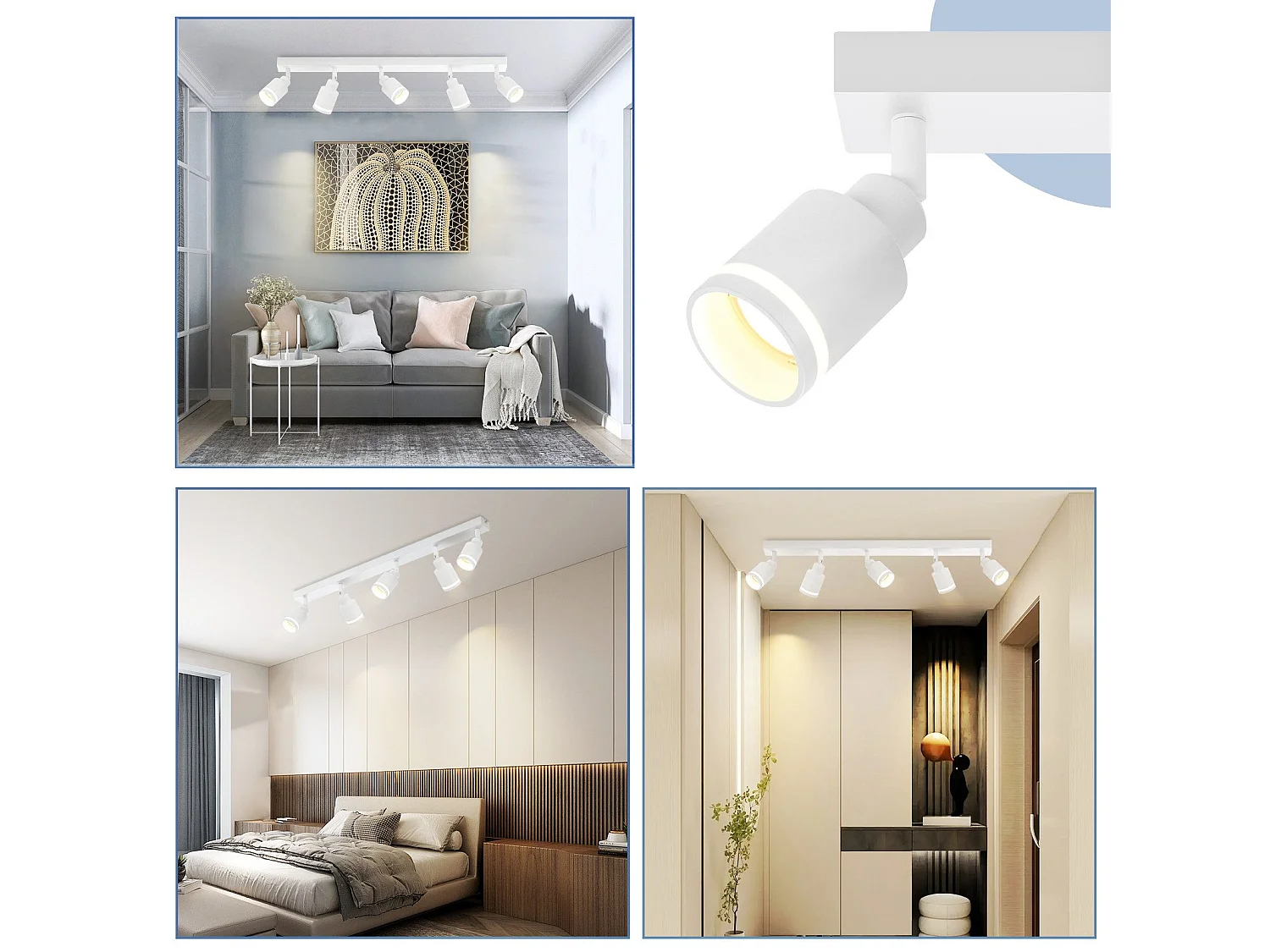 NETTLIFE Plafonnier Blanc moderne : 5 spots de plafond orientables en métal, plafonnier GU10, pour chambre, salle à manger, sans ampoule