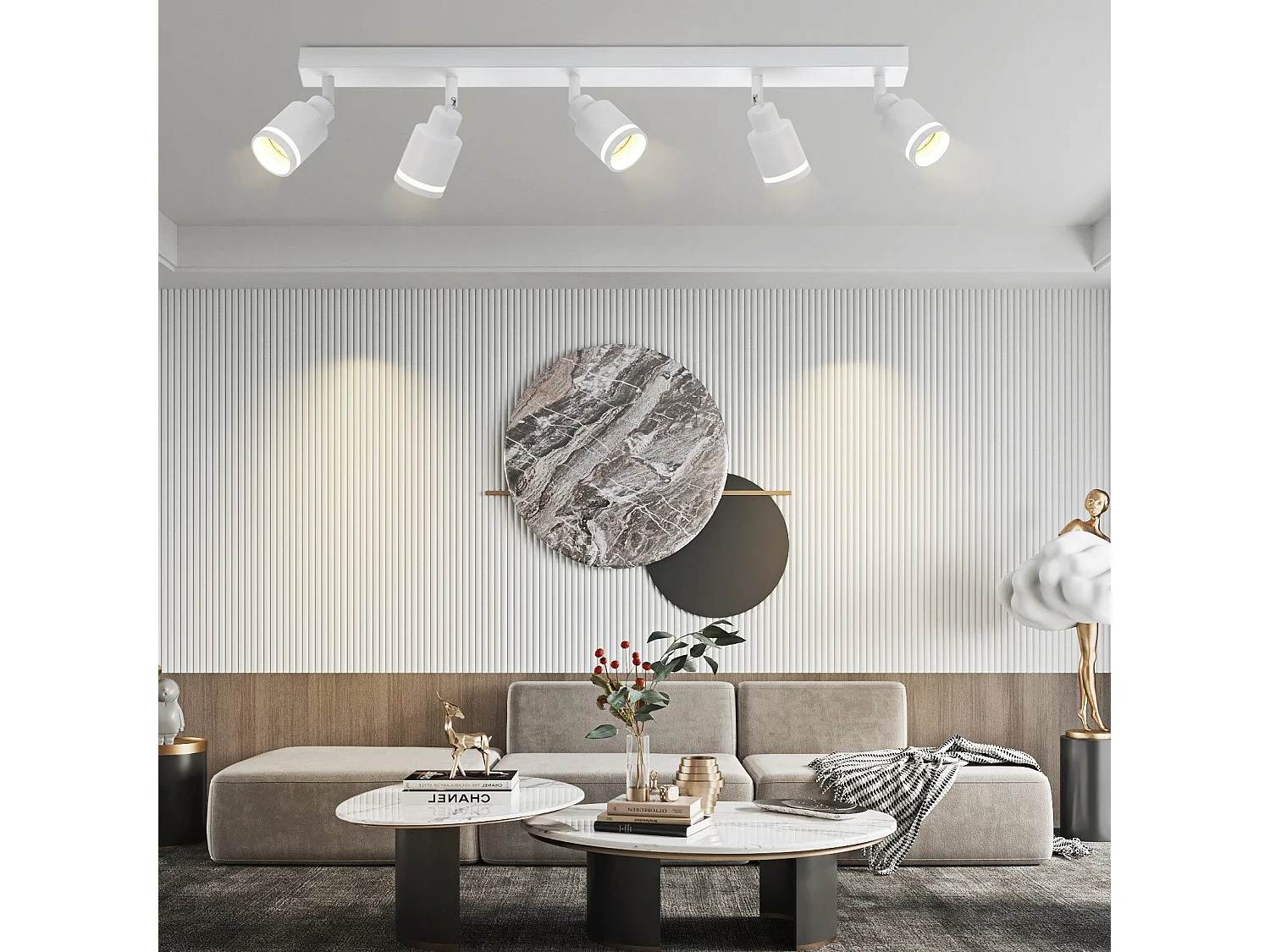 NETTLIFE Plafonnier Blanc moderne : 5 spots de plafond orientables en métal, plafonnier GU10, pour chambre, salle à manger, sans ampoule