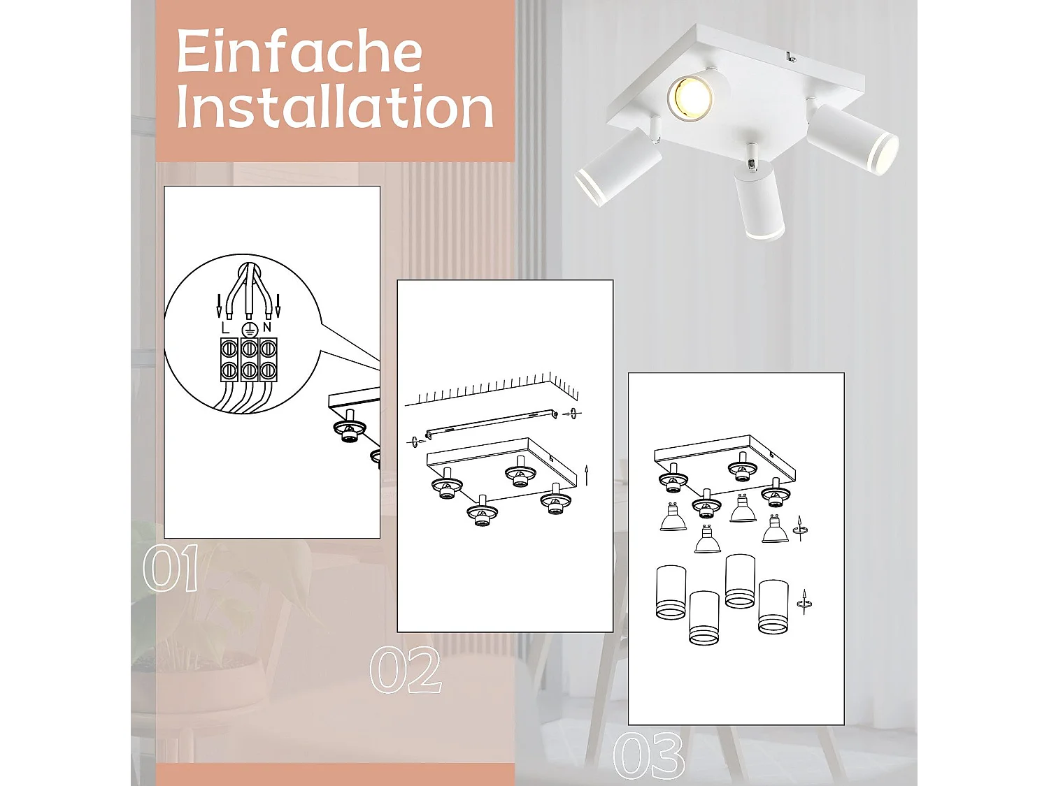 NETTLIFE Spot de plafond blanc 4 ampoules moderne spot GU10 spots orientable intérieur métal