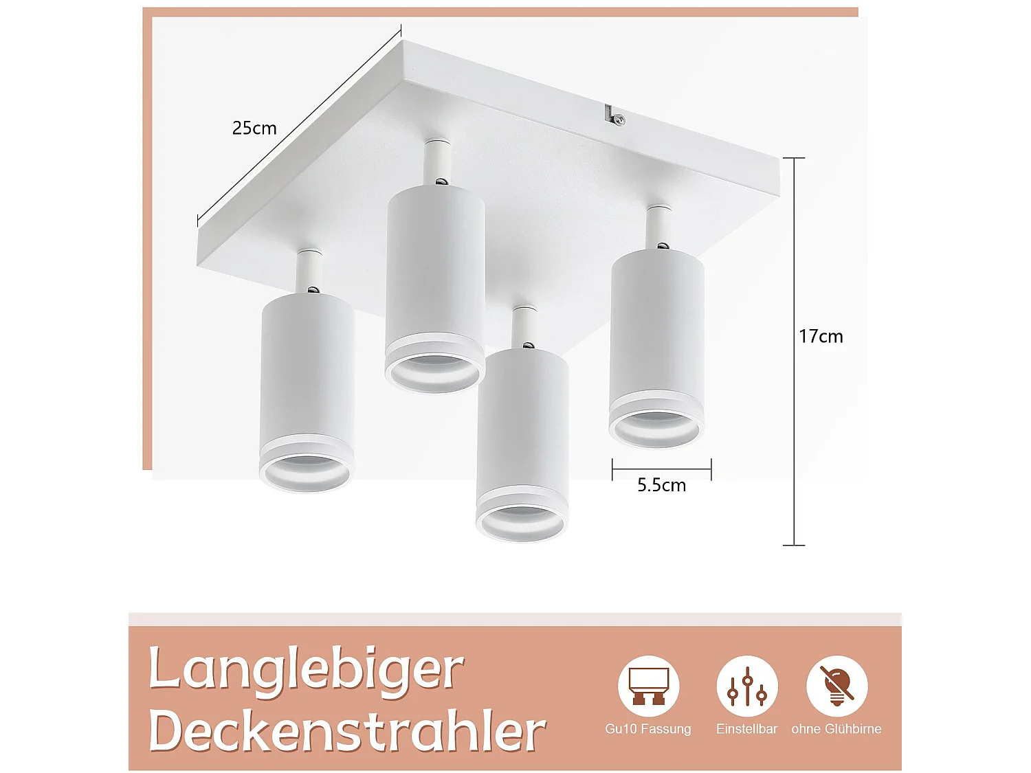 NETTLIFE Spot de plafond blanc 4 ampoules moderne spot GU10 spots orientable intérieur métal