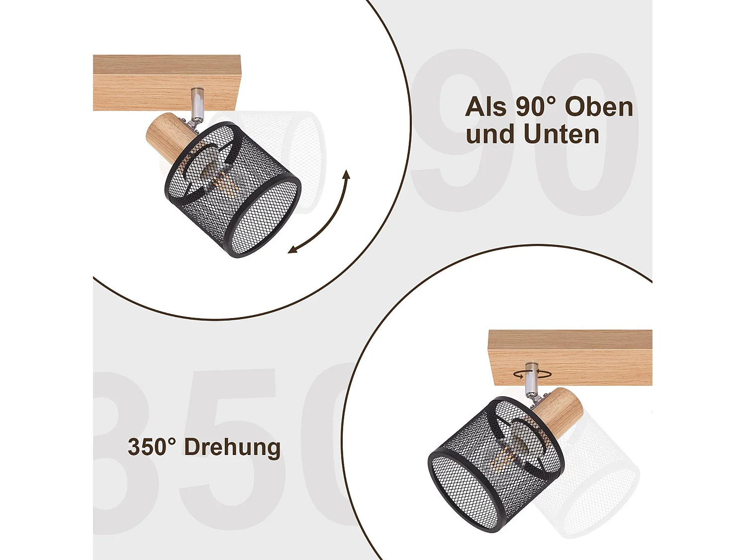 Deckenleuchte 3 schwarze Spots Holzoptik E14 350° schwenkbar 4 Glühbirnen Max 25w Modern