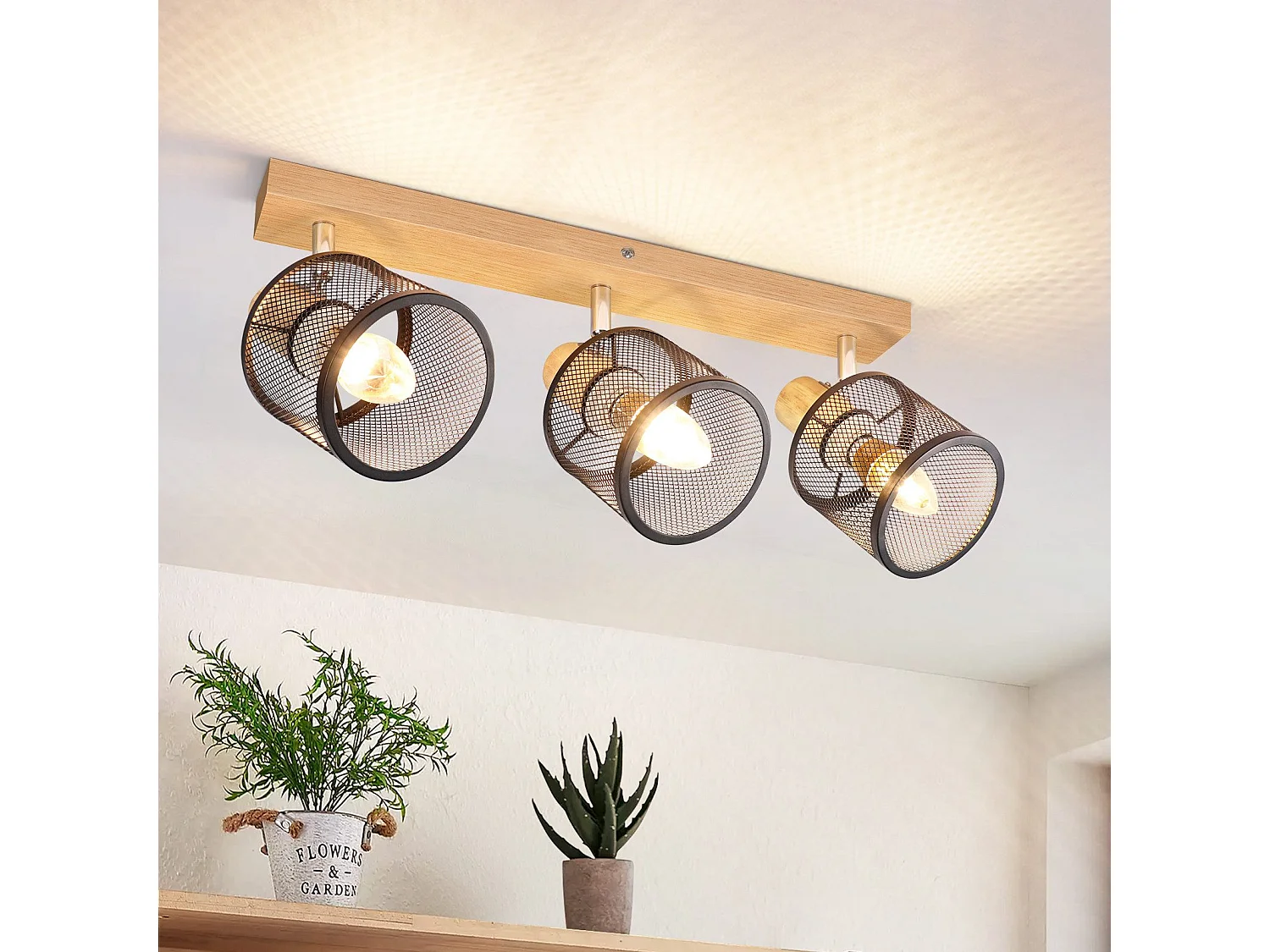 NETTLIFE Lampa sufitowa 3-punktowa, efekt czarnego drewna - lampa sufitowa E14 regulowana 350°, 4 żarówki, maks. 25 W, nowoczesna do salonu, sypialni, kuchni.