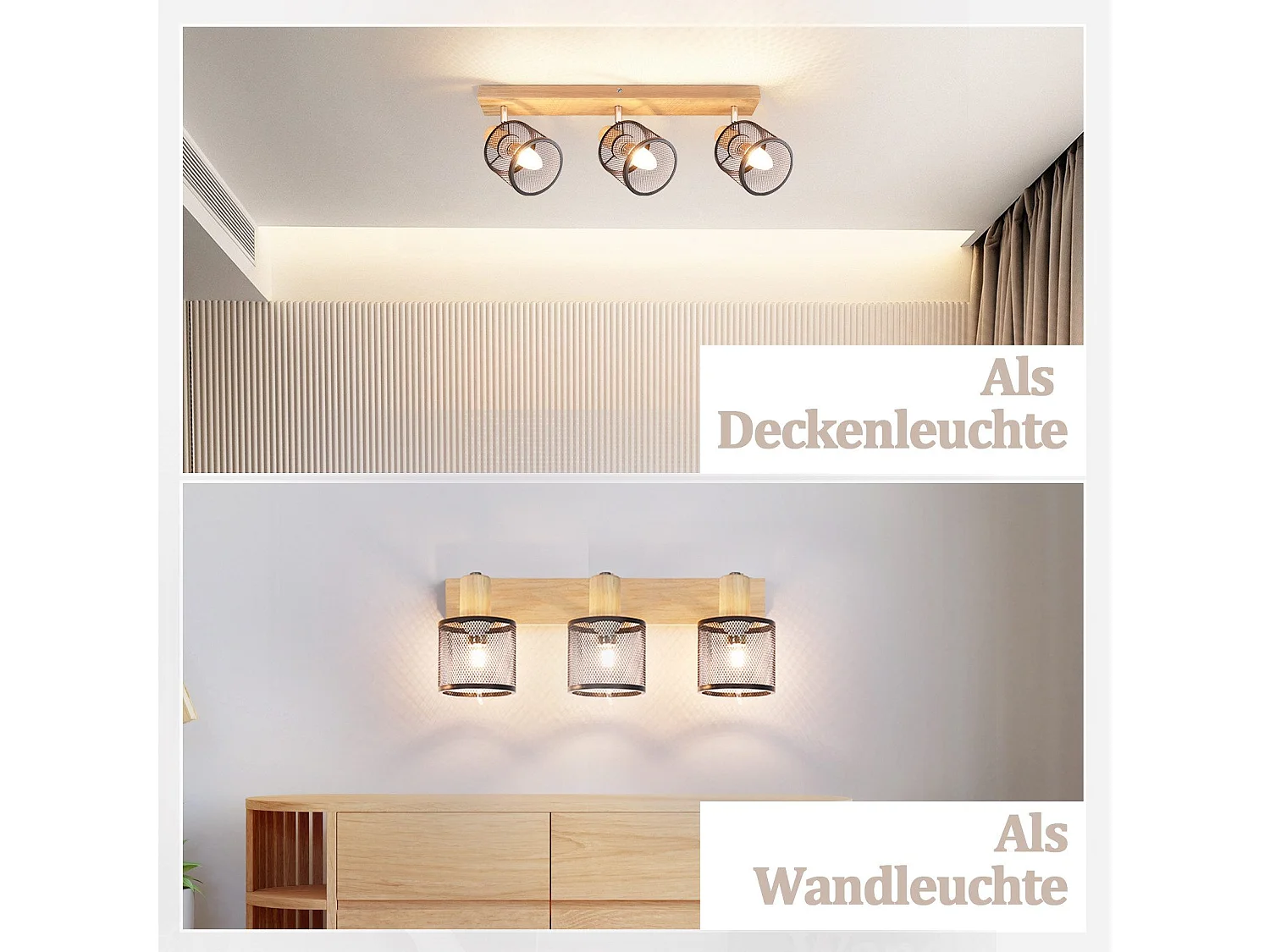 NETTLIFE Lampa sufitowa 3-punktowa, efekt czarnego drewna - lampa sufitowa E14 regulowana 350°, 4 żarówki, maks. 25 W, nowoczesna do salonu, sypialni, kuchni.