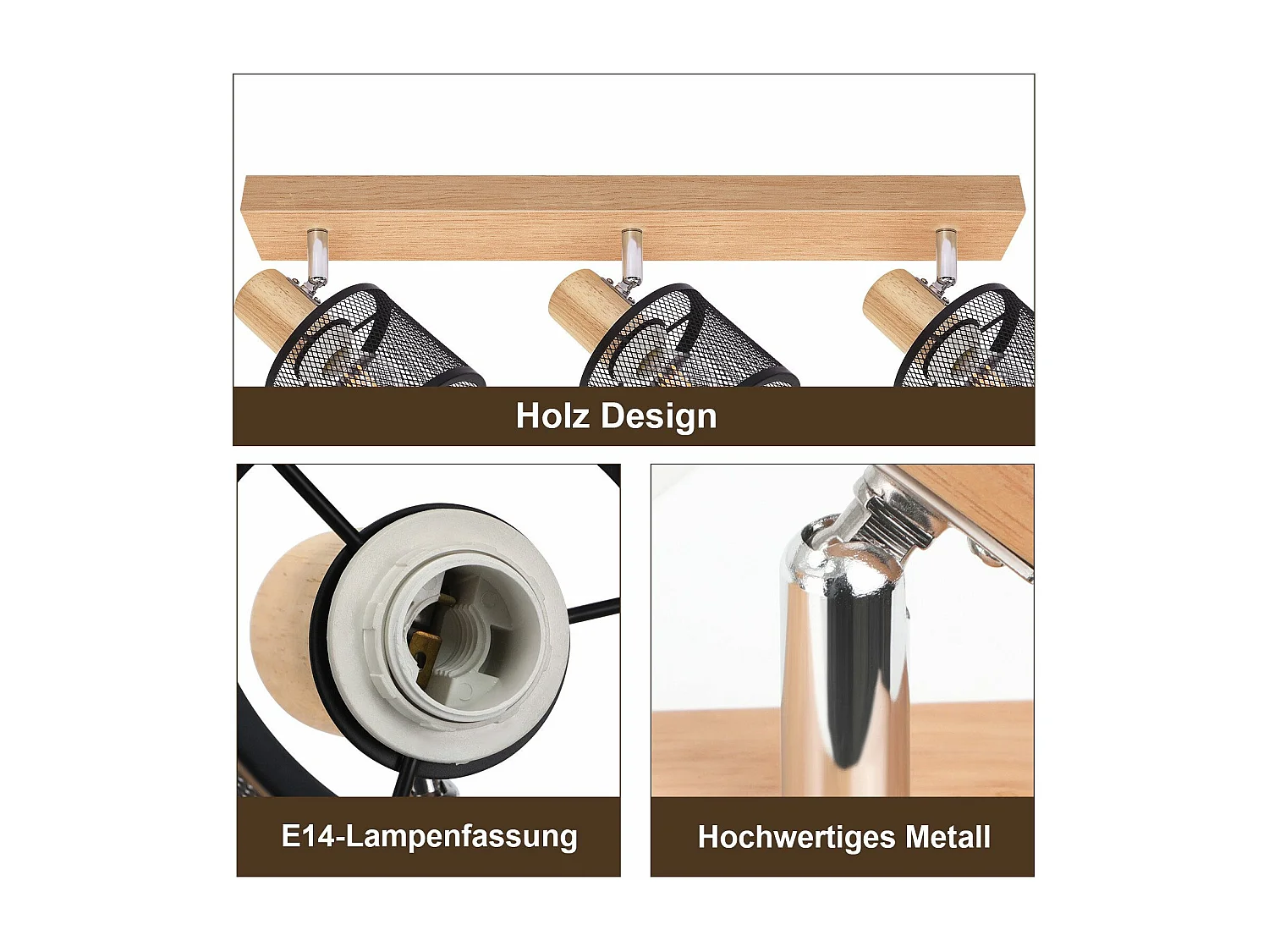 NETTLIFE Lampa sufitowa 3-punktowa, efekt czarnego drewna - lampa sufitowa E14 regulowana 350°, 4 żarówki, maks. 25 W, nowoczesna do salonu, sypialni, kuchni.