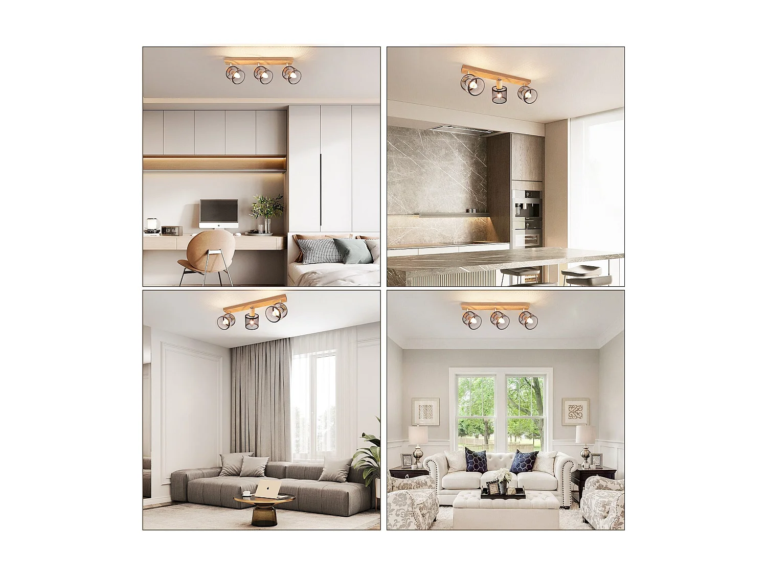 NETTLIFE Lampa sufitowa 3-punktowa, efekt czarnego drewna - lampa sufitowa E14 regulowana 350°, 4 żarówki, maks. 25 W, nowoczesna do salonu, sypialni, kuchni.