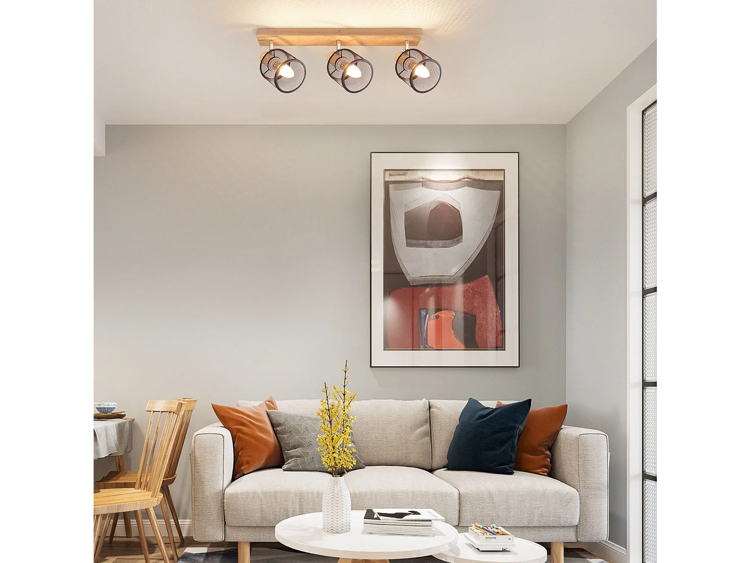 NETTLIFE Lampa sufitowa 3-punktowa, efekt czarnego drewna - lampa sufitowa E14 regulowana 350°, 4 żarówki, maks. 25 W, nowoczesna do salonu, sypialni, kuchni.