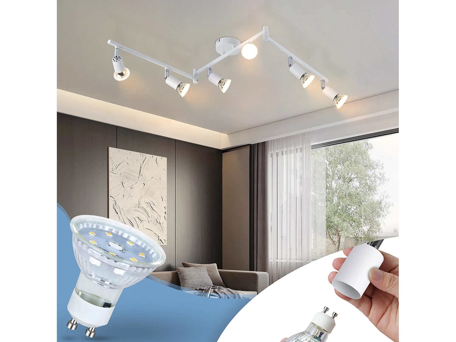 NETTLIFE Opbouwspot 6-lichts GU10 Fitting wit Metaal draaibar Plafondspot L 108cm Vintage Plafondlamp voor Slaapkamer | Hal | Woonkamer | Keuken Zonder Lichtborn