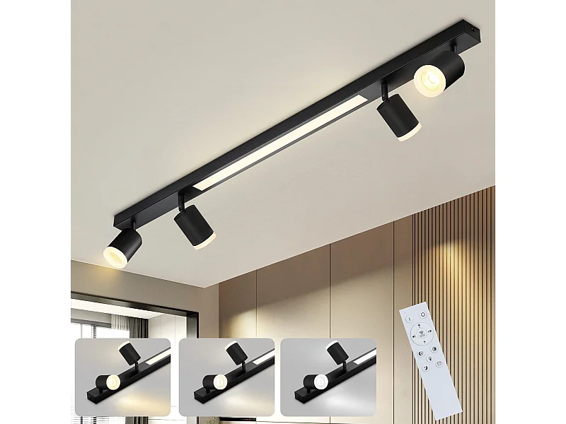 NETTLIFE Plafonnier LED dimmable 4 ampoules noir 38W avec télécommande 3000K-6500K orientables 350°