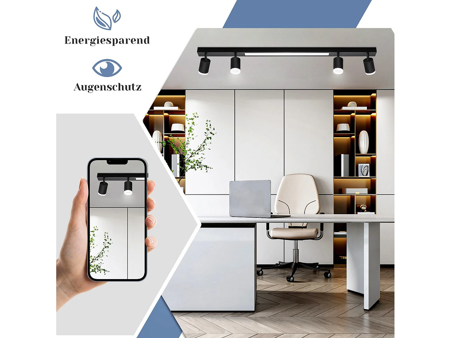 NETTLIFE Dimmbare LED-Deckenleuchte mit 4 Glühbirnen schwarz 38W mit Fernbedienung 3000K-6500K schwenkbar 350°