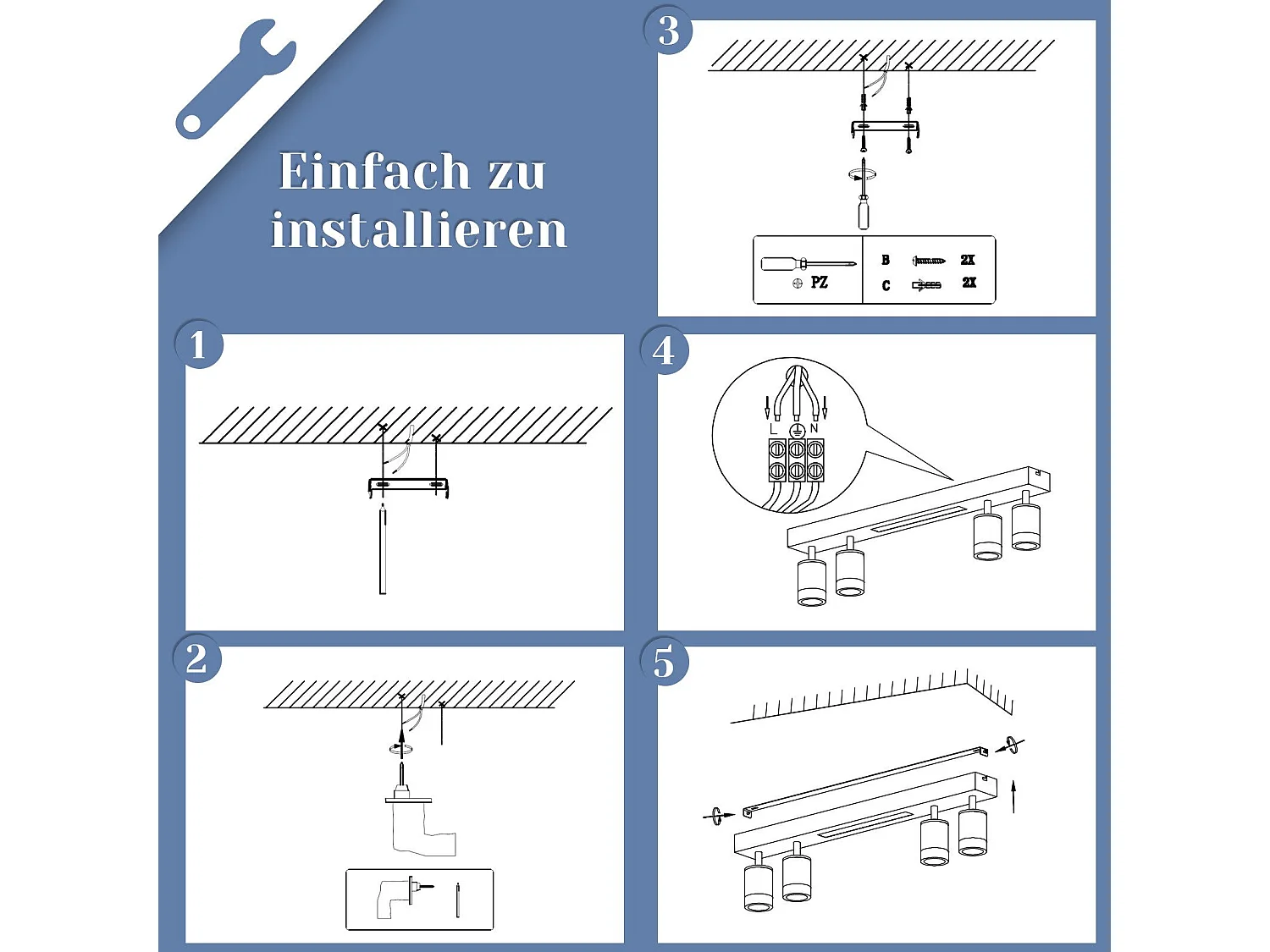 NETTLIFE Dimmbare LED-Deckenleuchte mit 4 Glühbirnen schwarz 38W mit Fernbedienung 3000K-6500K schwenkbar 350°