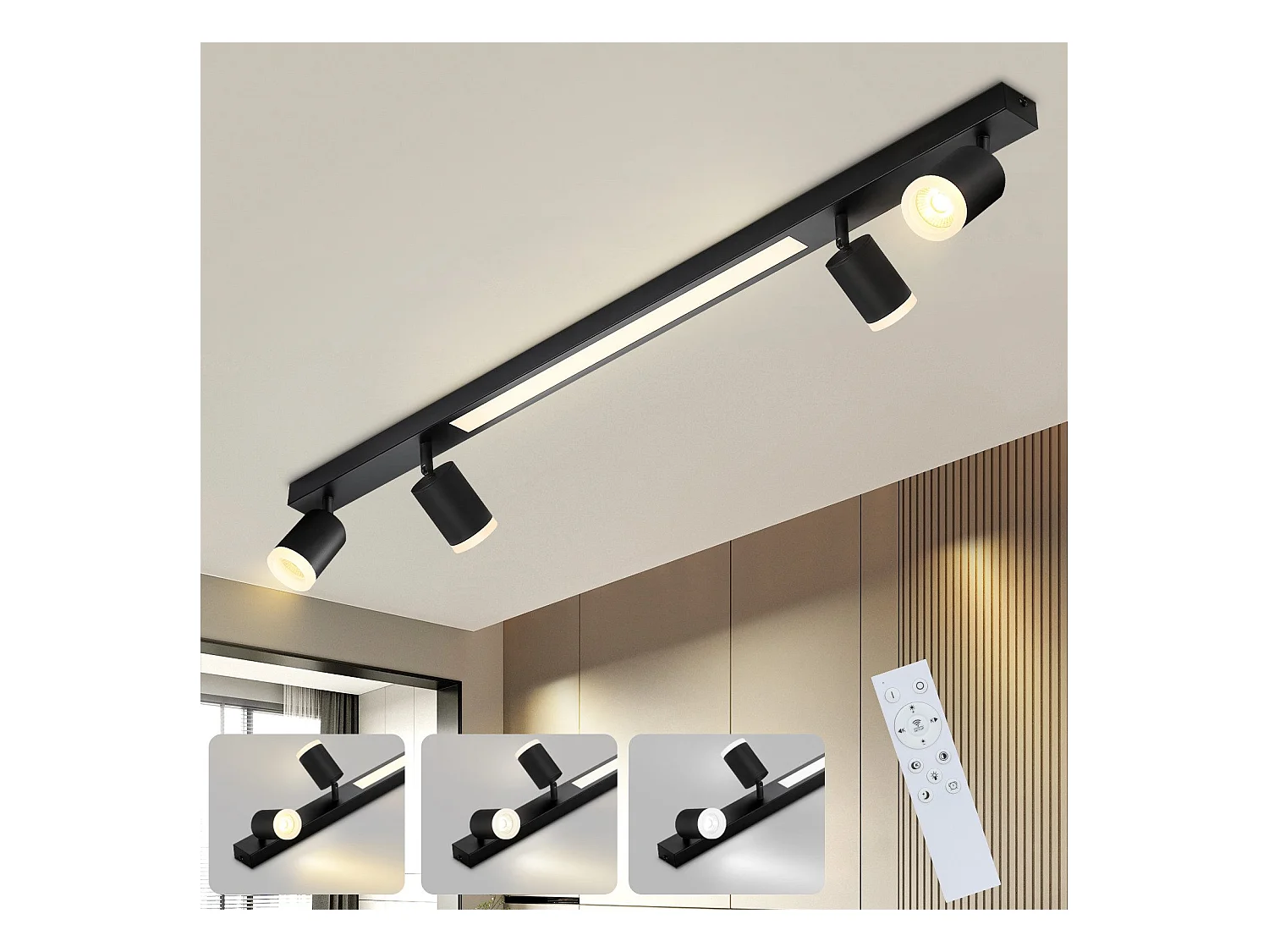NETTLIFE Plafonnier LED dimmable 4 ampoules noir 38W avec télécommande 3000K-6500K orientables 350°