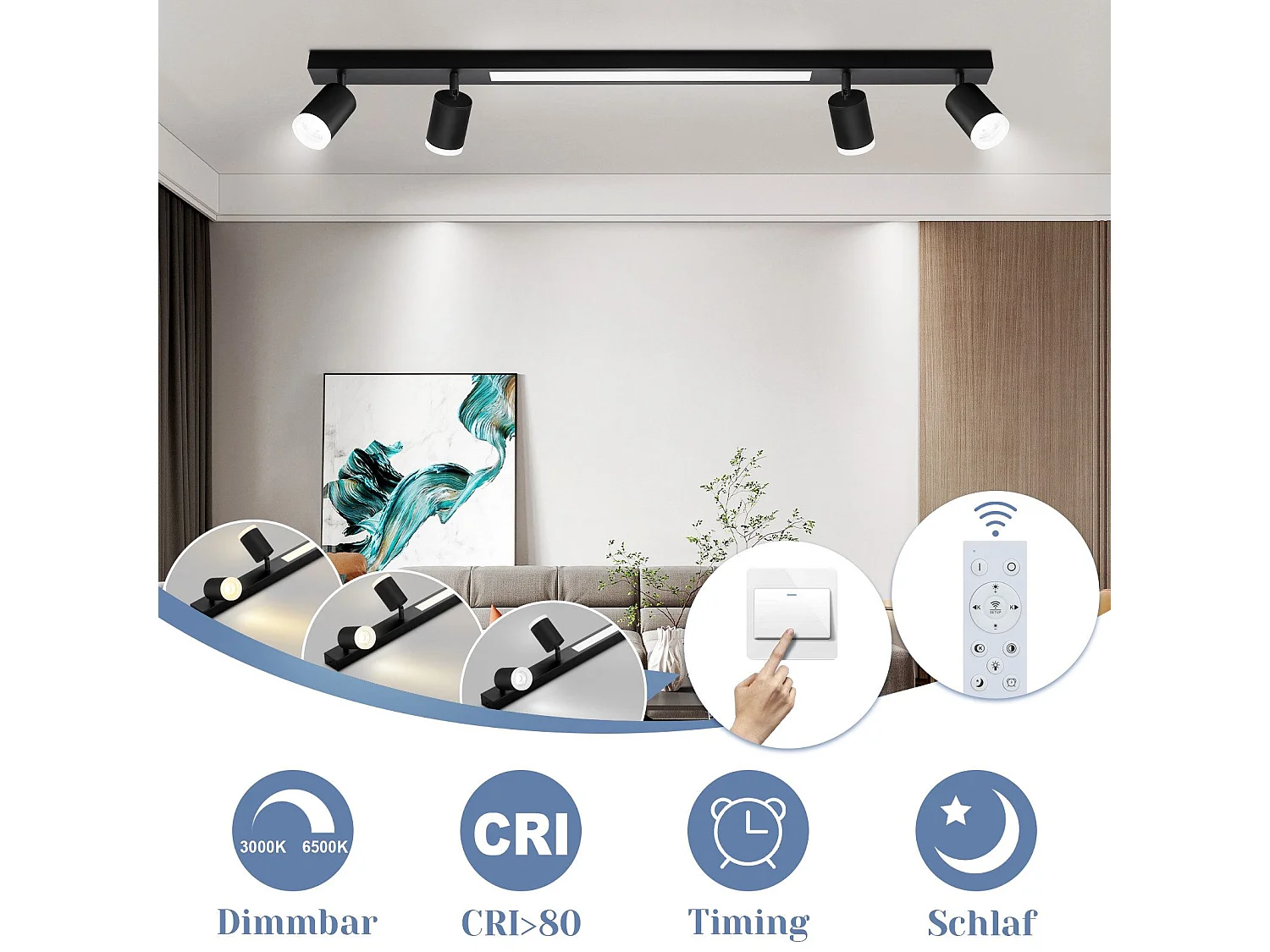 NETTLIFE Plafonnier LED dimmable 4 ampoules noir 38W avec télécommande 3000K-6500K orientables 350°