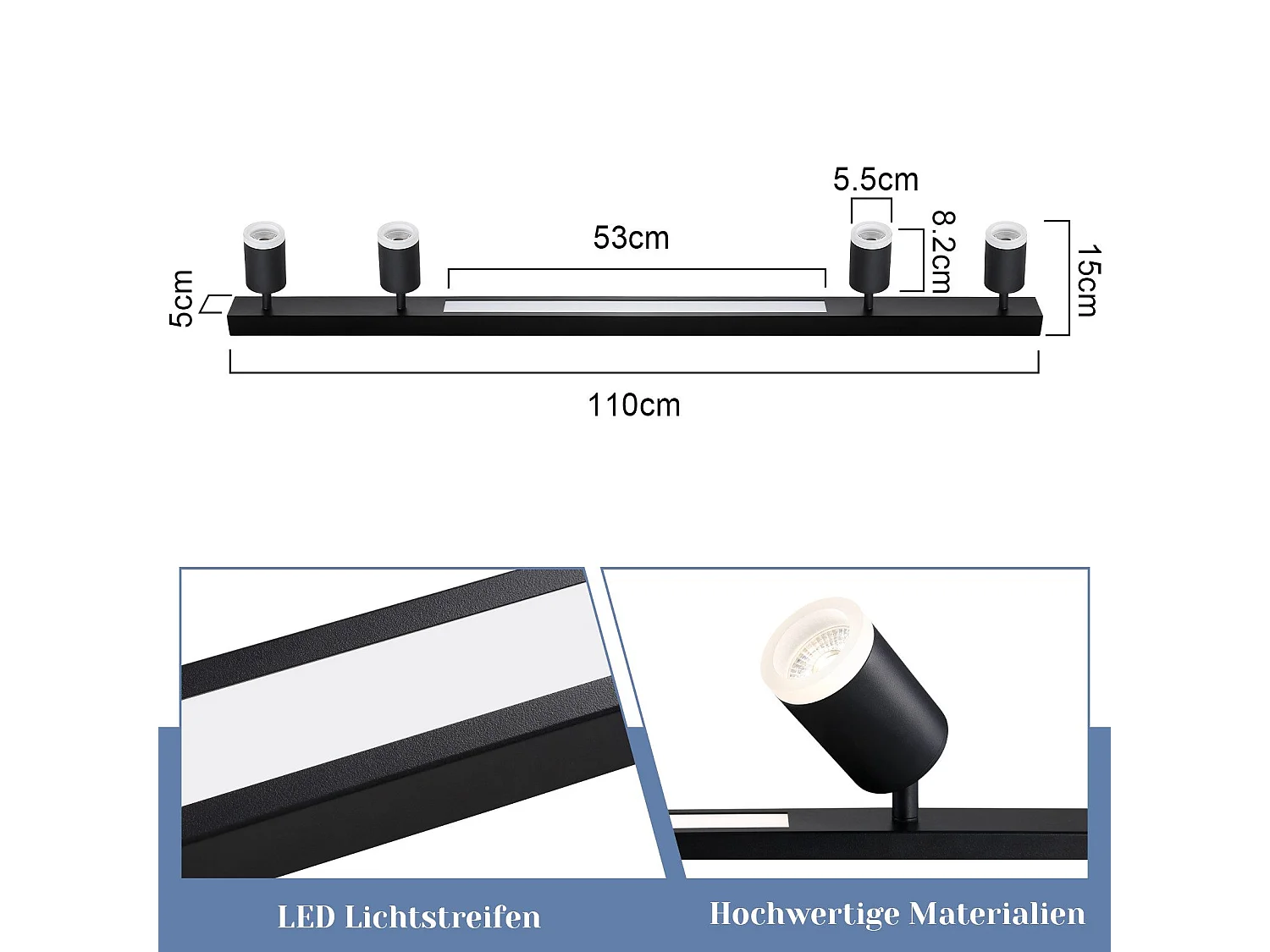 NETTLIFE Plafonnier LED dimmable 4 ampoules noir 38W avec télécommande 3000K-6500K orientables 350°