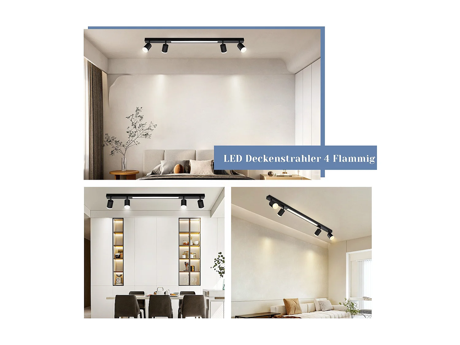 NETTLIFE Plafonnier LED dimmable 4 ampoules noir 38W avec télécommande 3000K-6500K orientables 350°