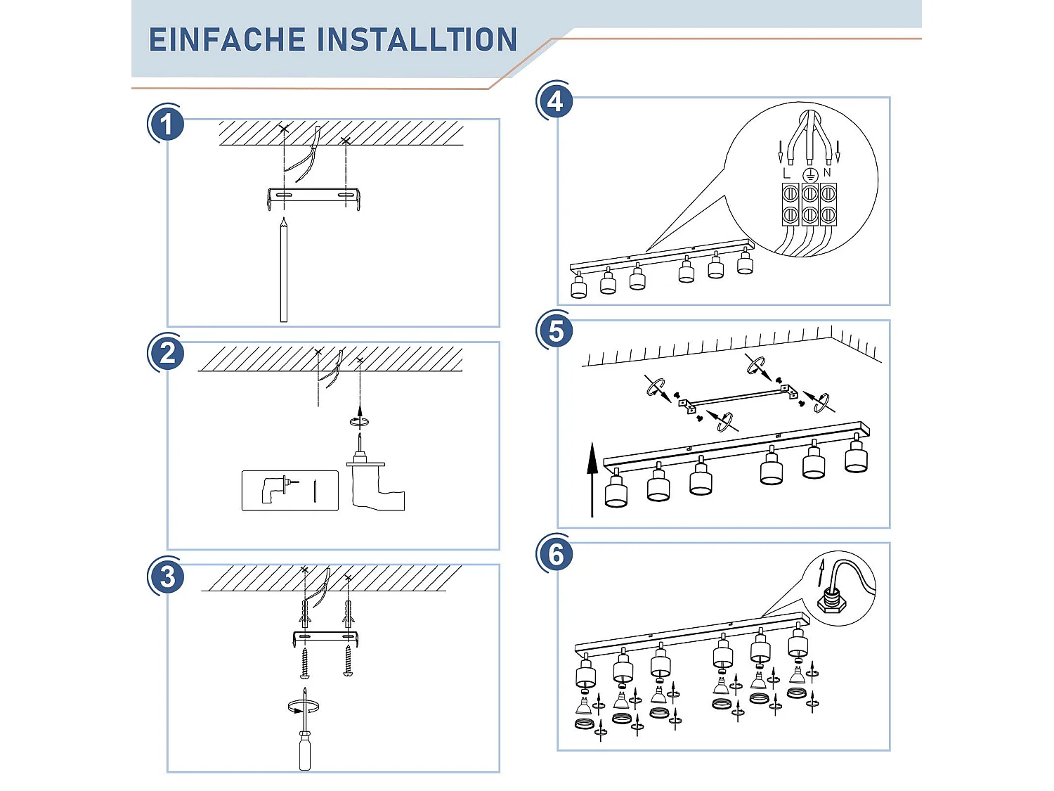 NETTLIFE Plafonnier noir moderne : 6 spots de plafond orientables,  en métal, GU10 pour bureau, chambre, salle à manger, sans ampoule