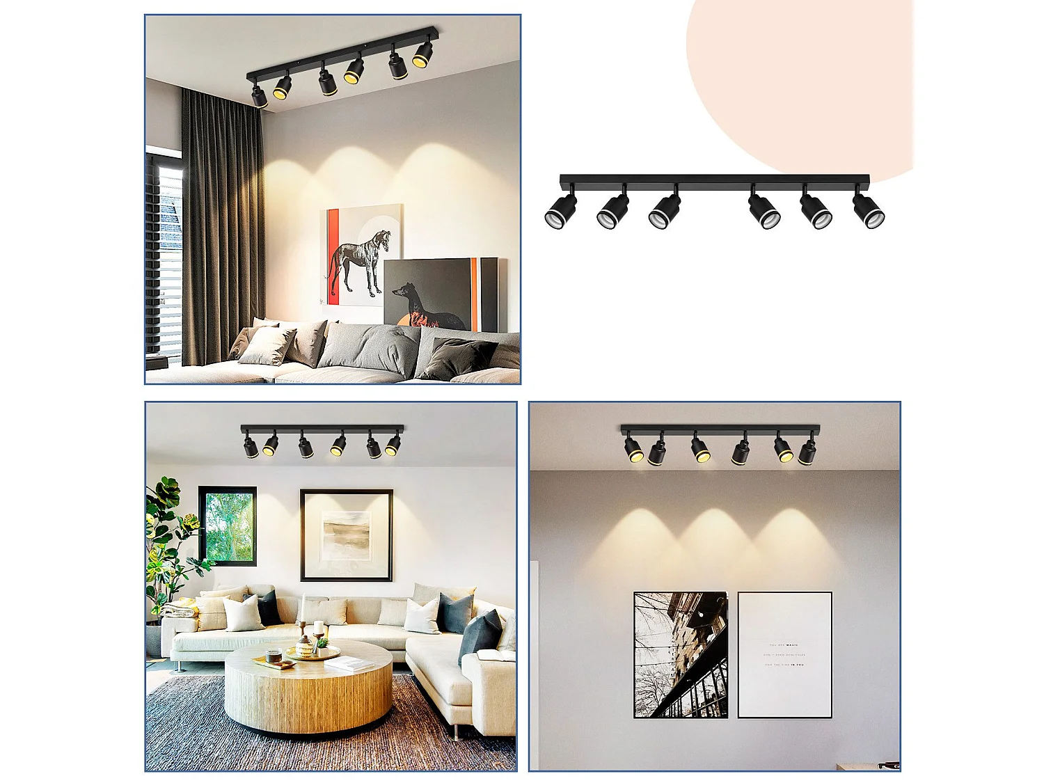 NETTLIFE Plafonnier noir moderne : 6 spots de plafond orientables,  en métal, GU10 pour bureau, chambre, salle à manger, sans ampoule