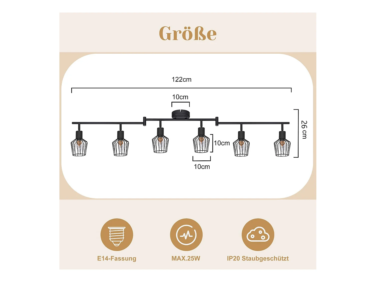 NETTLIFE Opbouwspot 6-lichts E14 Fitting zwart kooiontwerp Lampkap  350° draaibar Plafondspot L 122cm Vintage Keukenlamp