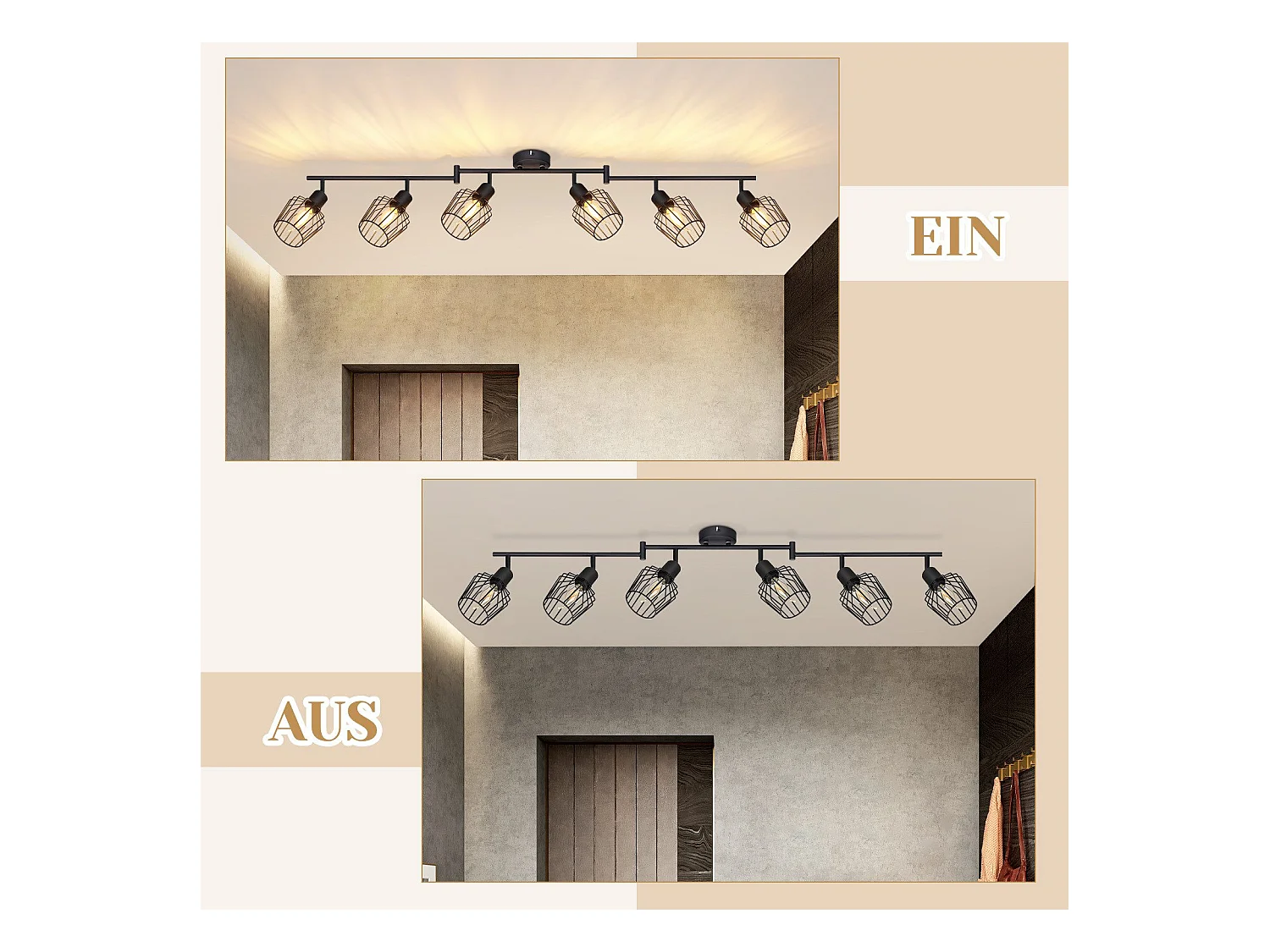 NETTLIFE Opbouwspot 6-lichts E14 Fitting zwart kooiontwerp Lampkap  350° draaibar Plafondspot L 122cm Vintage Keukenlamp