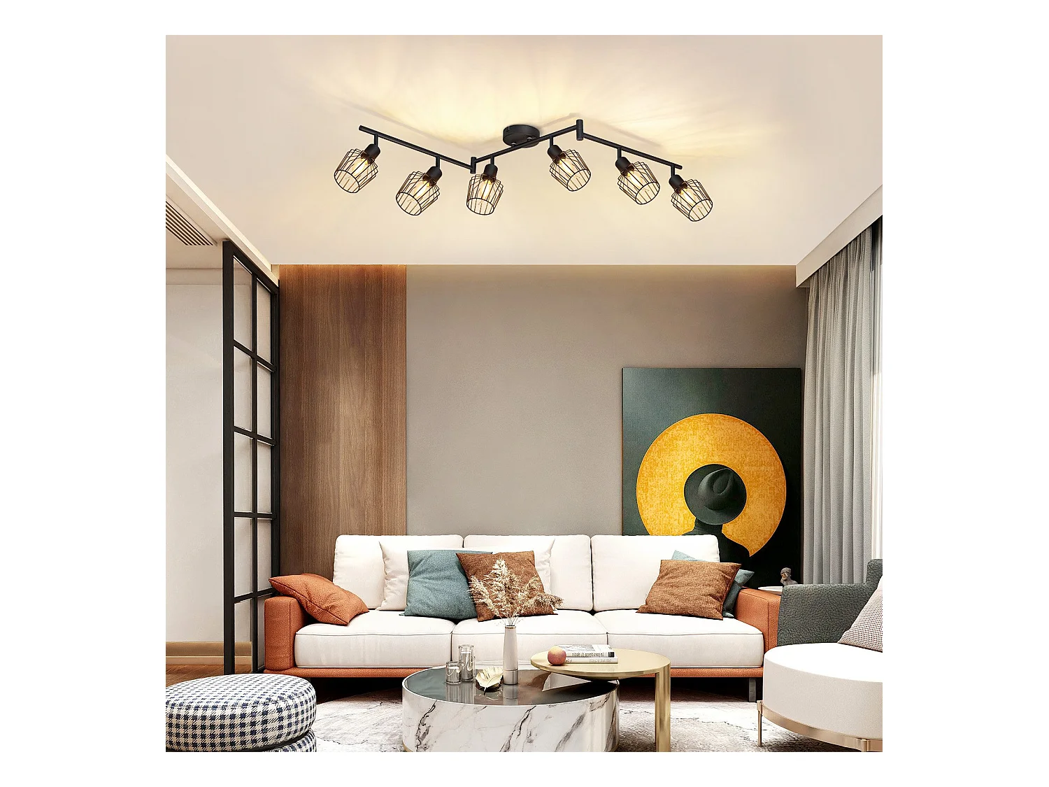 NETTLIFE Opbouwspot 6-lichts E14 Fitting zwart kooiontwerp Lampkap  350° draaibar Plafondspot L 122cm Vintage Keukenlamp