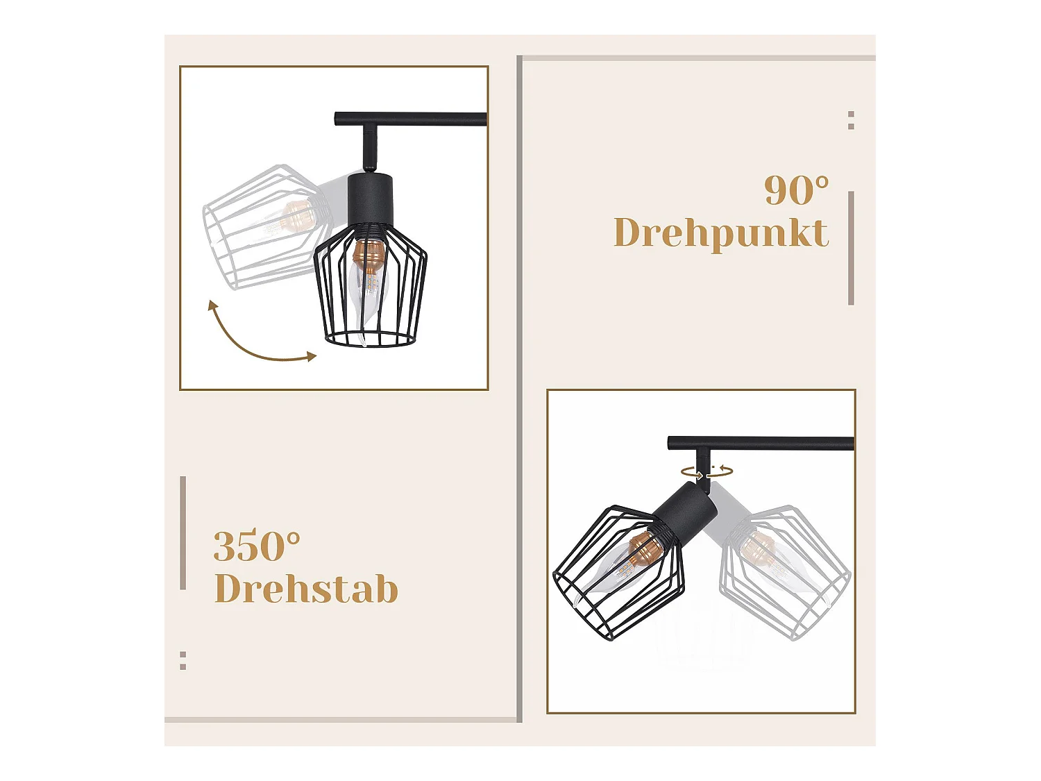 NETTLIFE Opbouwspot 6-lichts E14 Fitting zwart kooiontwerp Lampkap  350° draaibar Plafondspot L 122cm Vintage Keukenlamp