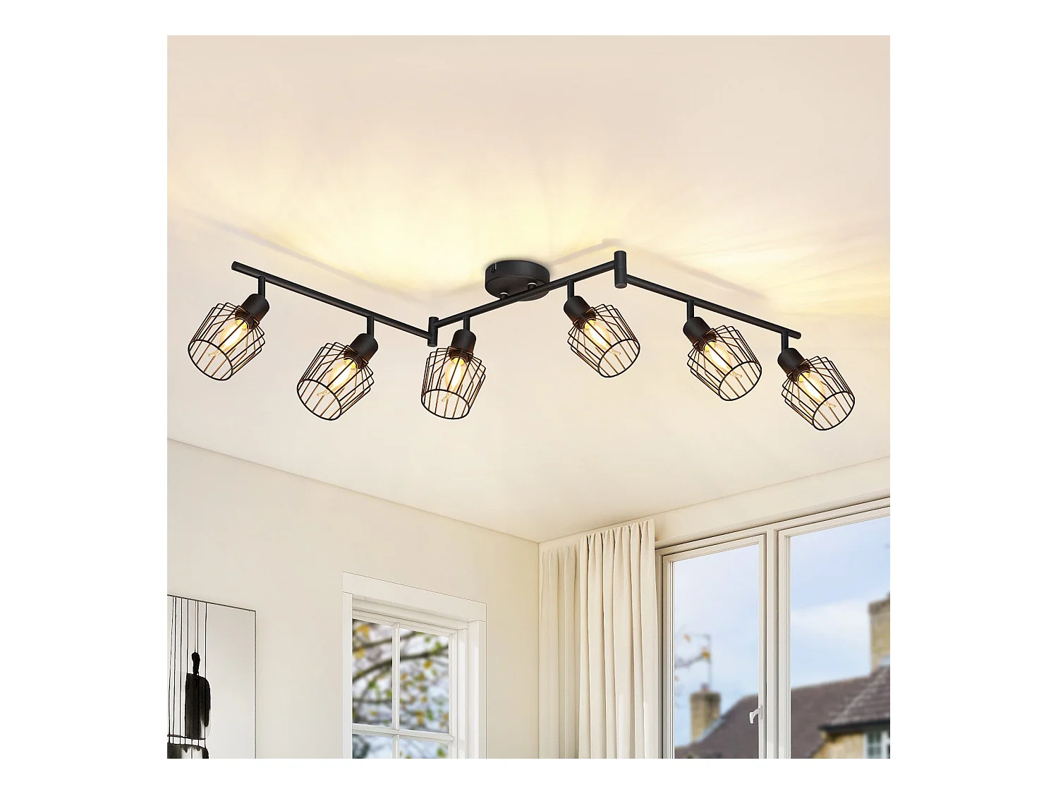 NETTLIFE Opbouwspot 6-lichts E14 Fitting zwart kooiontwerp Lampkap  350° draaibar Plafondspot L 122cm Vintage Keukenlamp