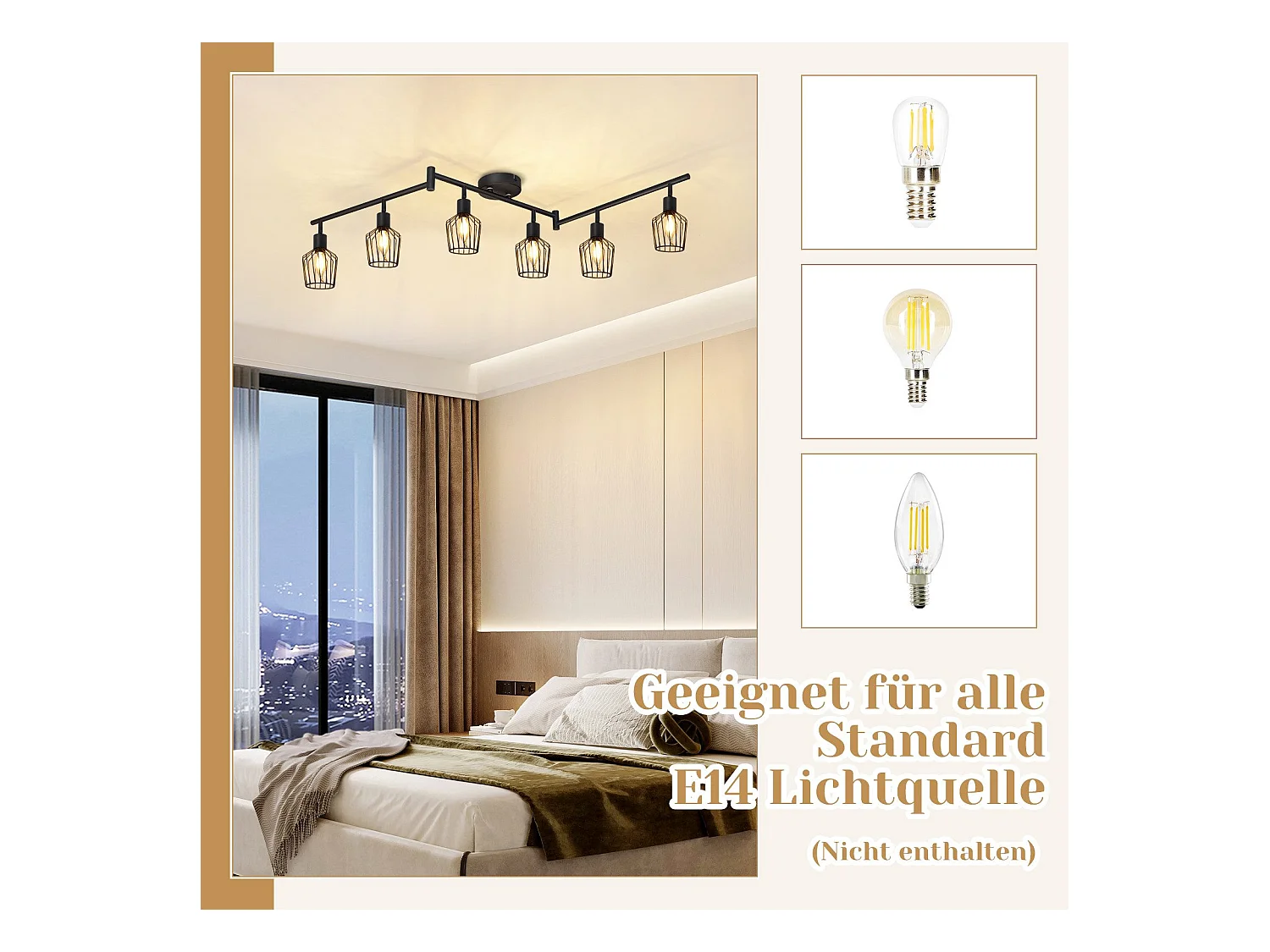 NETTLIFE Opbouwspot 6-lichts E14 Fitting zwart kooiontwerp Lampkap  350° draaibar Plafondspot L 122cm Vintage Keukenlamp