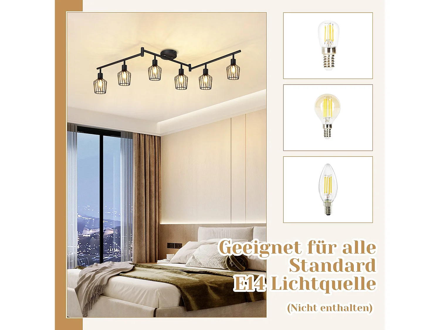 NETTLIFE Opbouwspot 6-lichts E14 Fitting zwart kooiontwerp Lampkap  350° draaibar Plafondspot L 122cm Vintage Keukenlamp