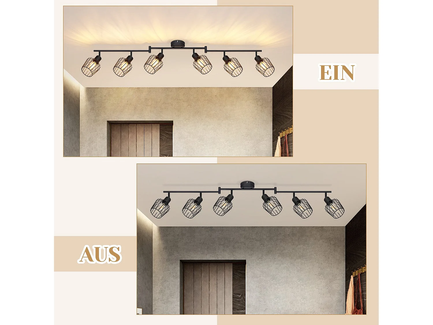 NETTLIFE Opbouwspot 6-lichts E14 Fitting zwart kooiontwerp Lampkap  350° draaibar Plafondspot L 122cm Vintage Keukenlamp