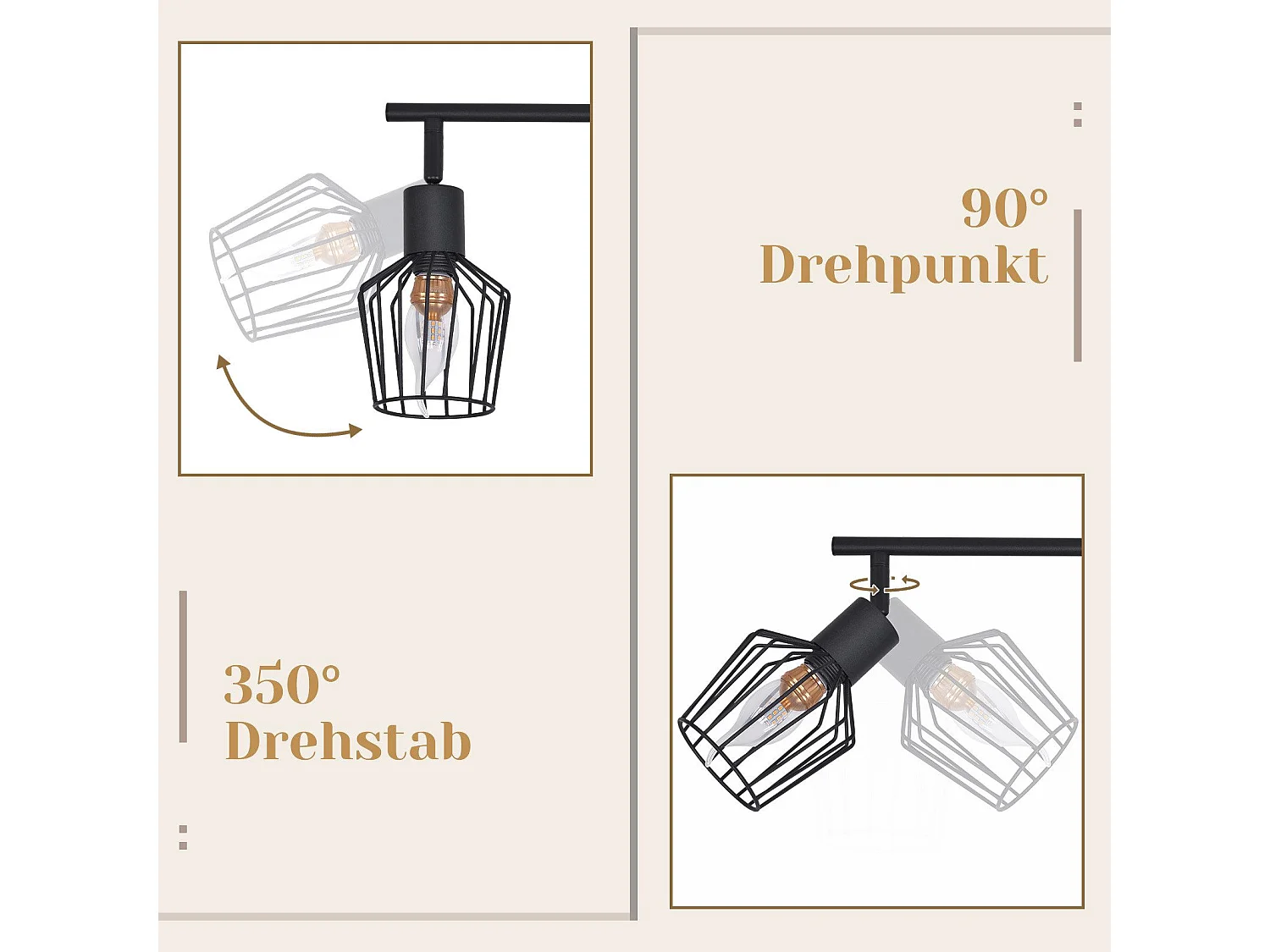 NETTLIFE Plafonnier E14 6 flammes spot de plafond noir spot industriel LED rotatif 350° dimmable