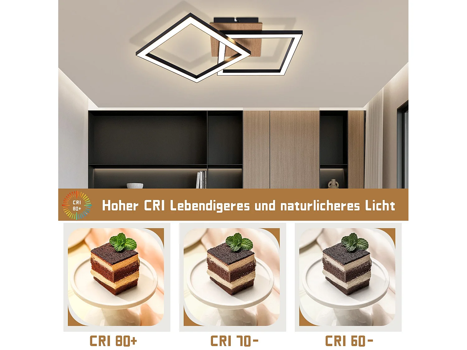 NETTLIFE Plafonnier LED Noir Bois 3000K Blanc Chaud Design Moderne 24W