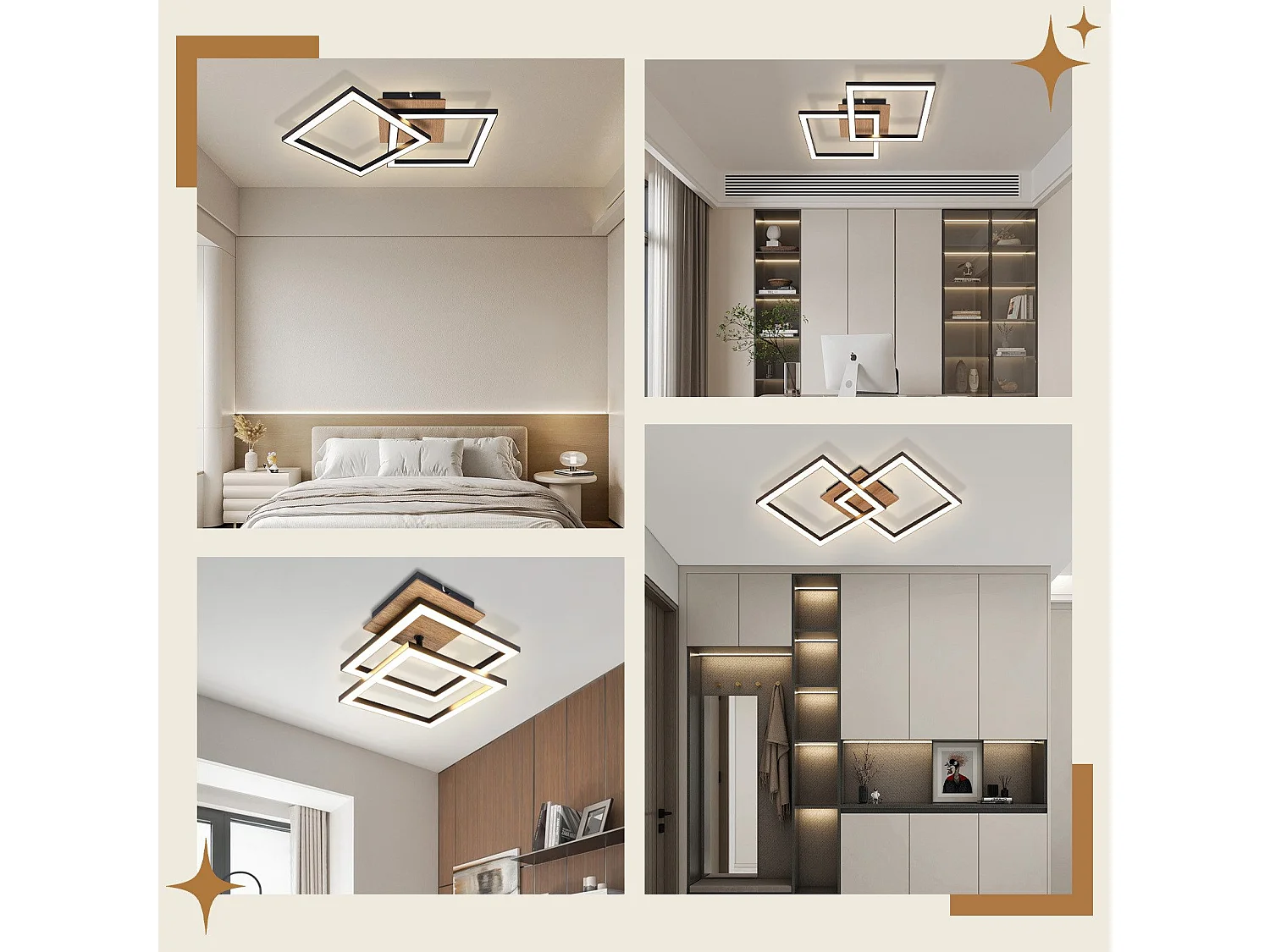 NETTLIFE Plafonnier LED Noir Bois 3000K Blanc Chaud Design Moderne 24W