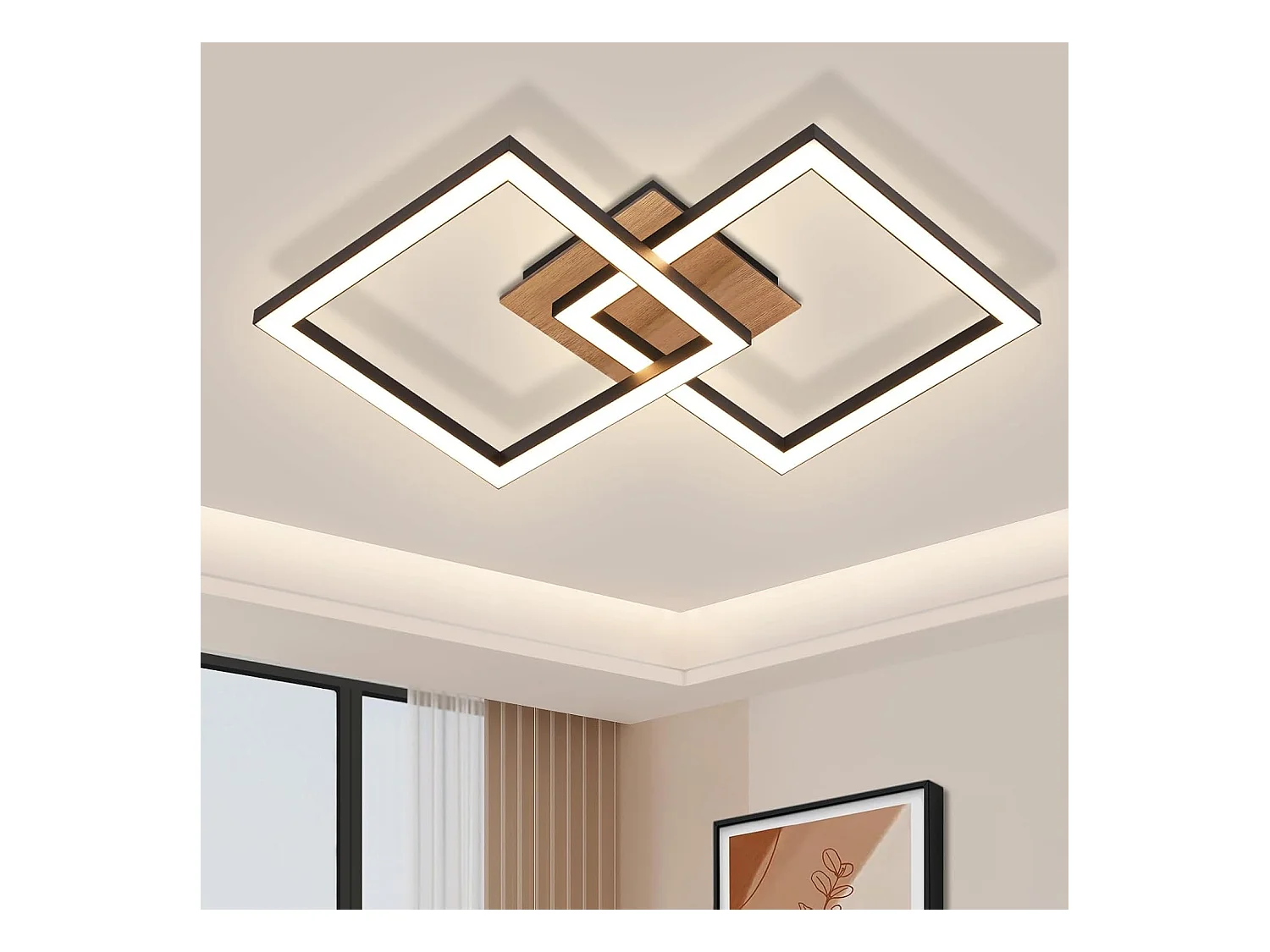 NETTLIFE Plafonnier LED Noir Bois 3000K Blanc Chaud Design Moderne 24W