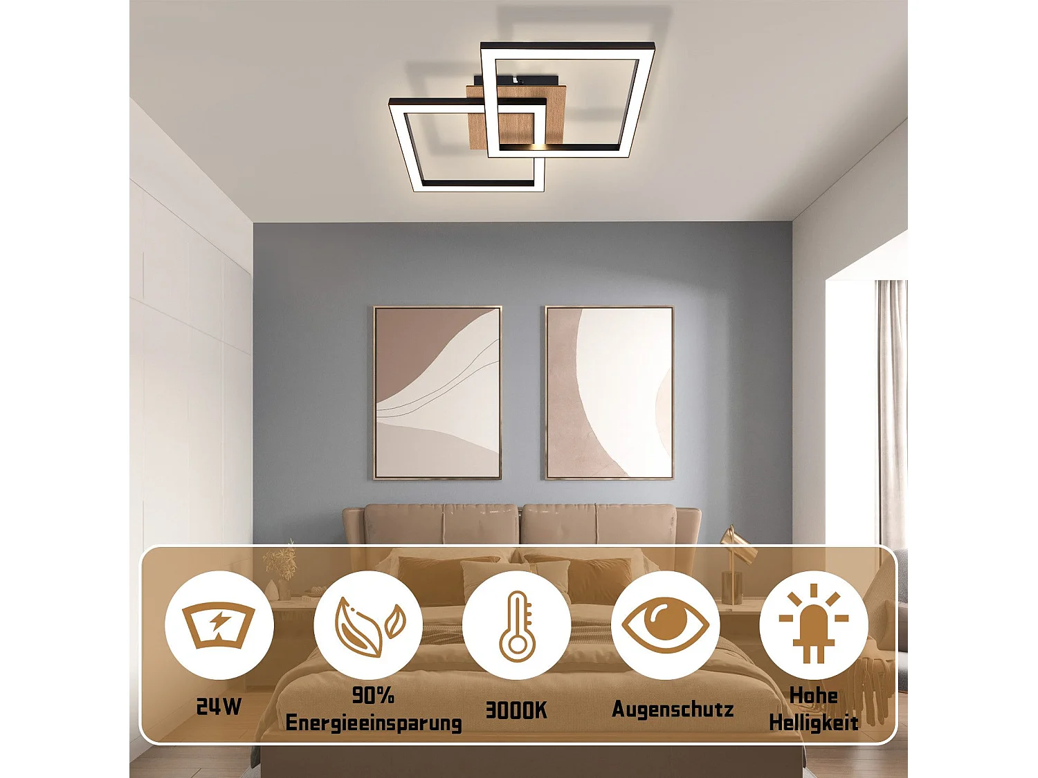 NETTLIFE LED Plafondlamp Zwart Hout 3000K Warm Wit Modern Design 24W