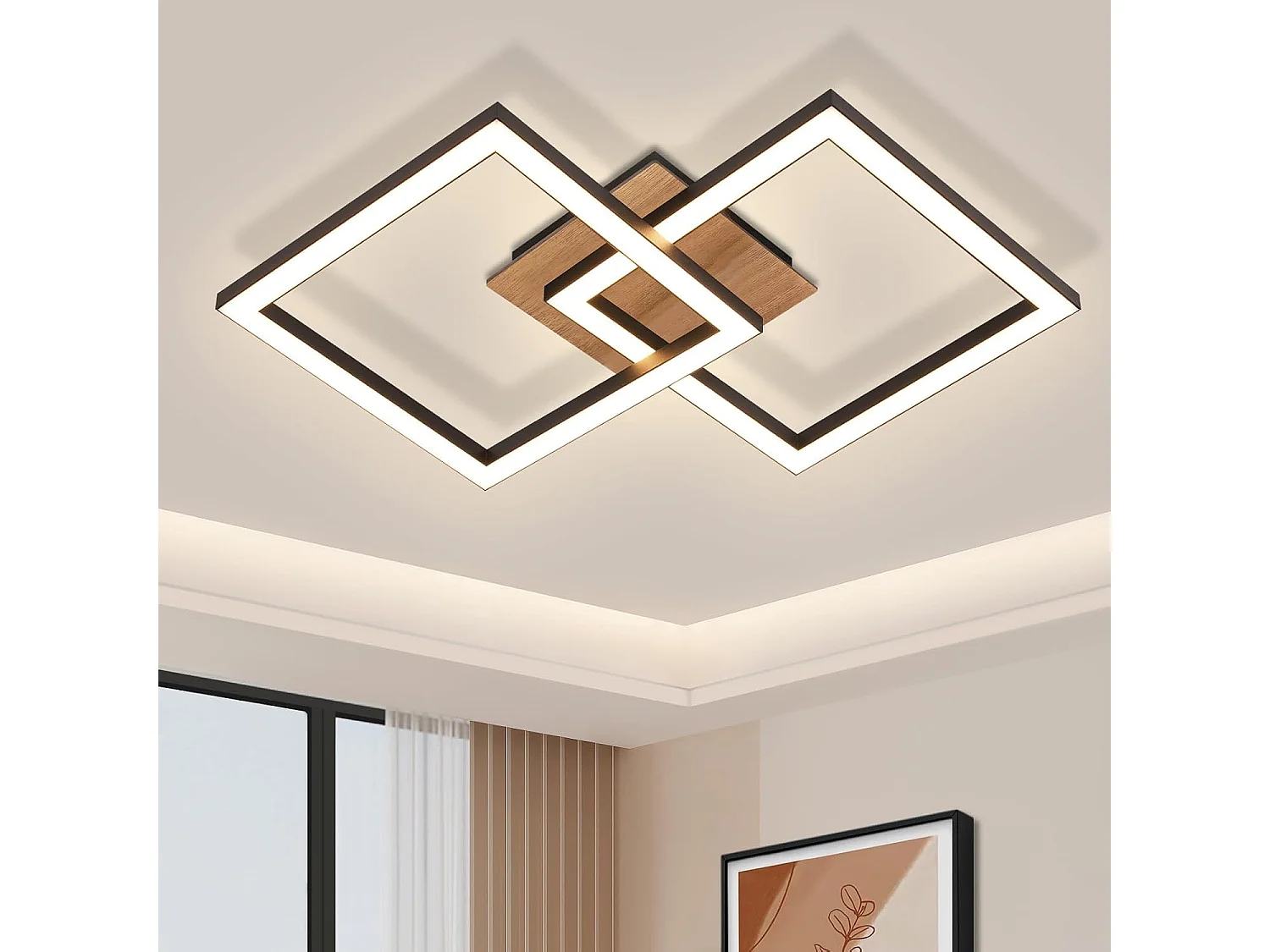 NETTLIFE Plafonnier LED Noir Bois 3000K Blanc Chaud Design Moderne 24W