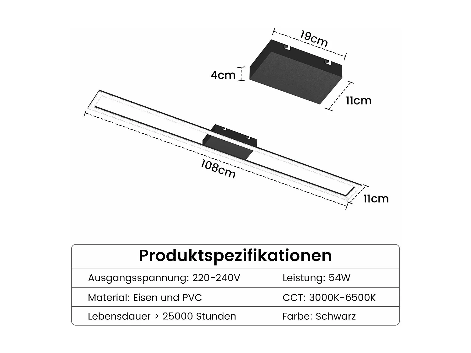 NETTLIFE LED Deckenleuchte Schlafzimmer 40W dimmbar mit Fernbedienung 108CM moderne schwarze Wohnzimmerlampe für