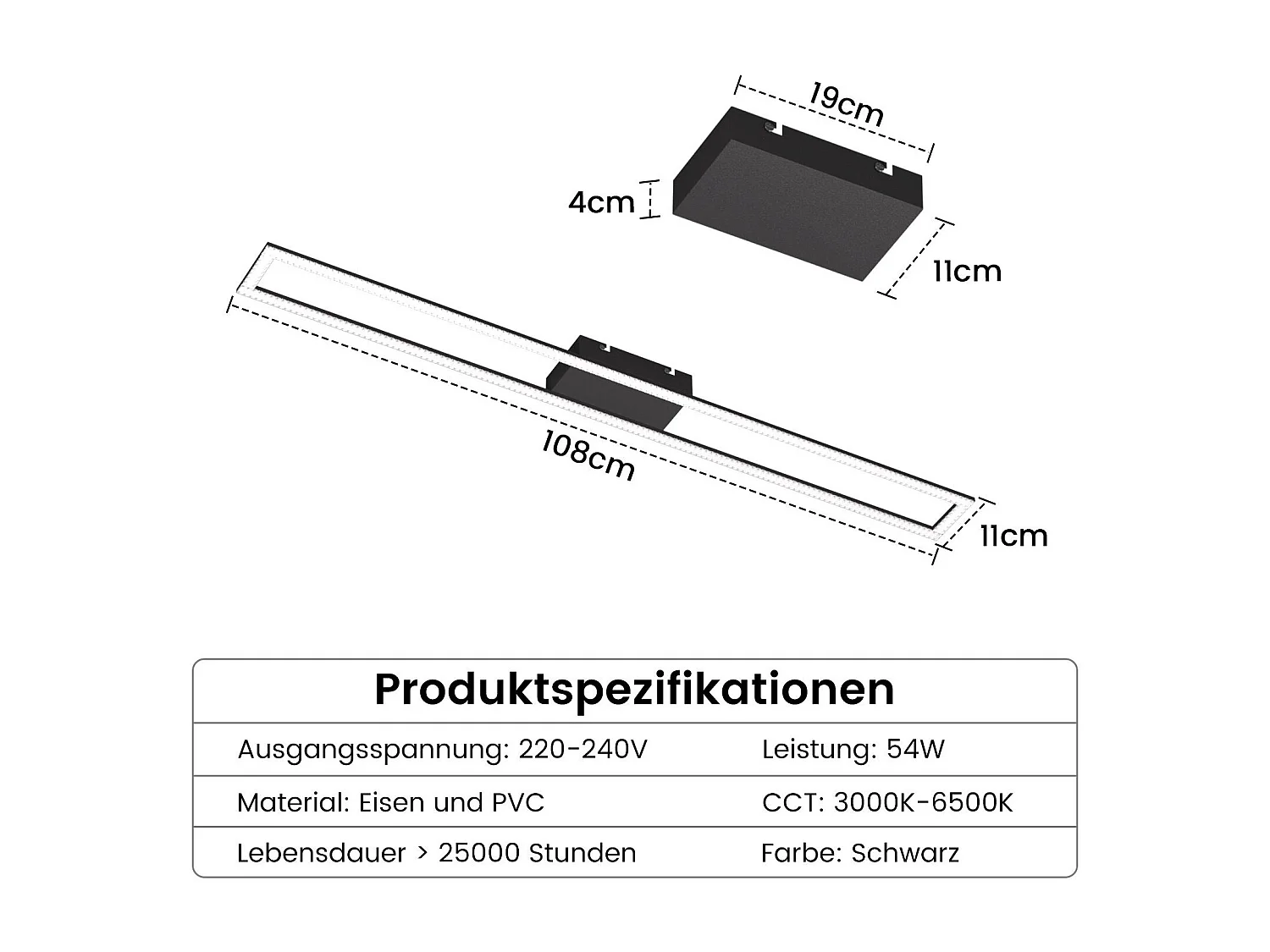 NETTLIFE LED plafonnier chambre 40W réglable avec télécommande 108CM lampe de salon moderne noir pour